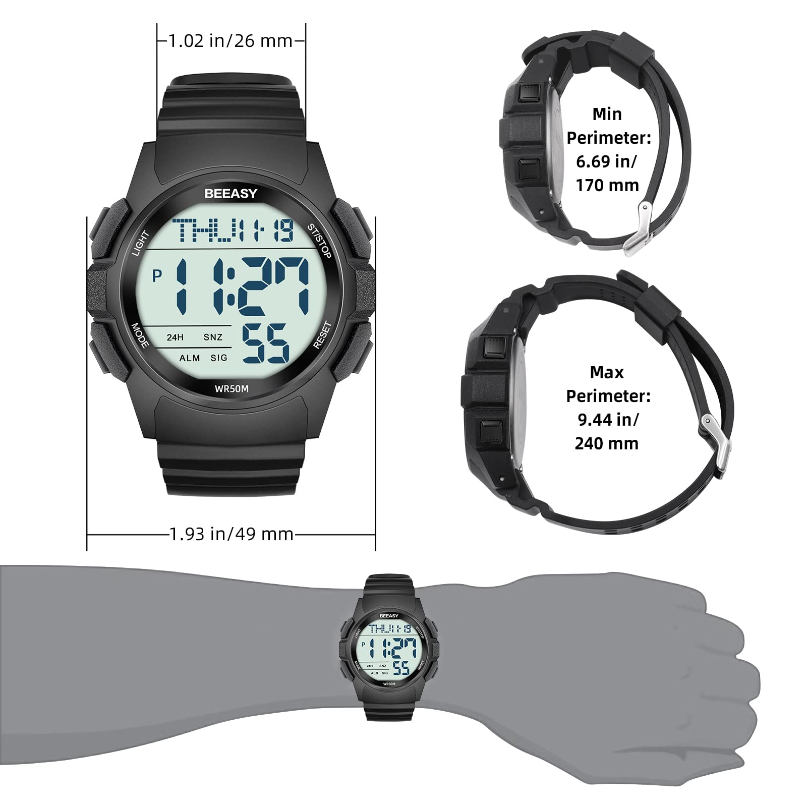 Beeasy Men's Digital Sports Watch - Waterproof, Stopwatch, Countdown Timer, Alarm, Dual Time - Durable Rubber Strap Wristwatch for Men & Students - Perfect for Running, Gym Workouts & Outdoor Activities