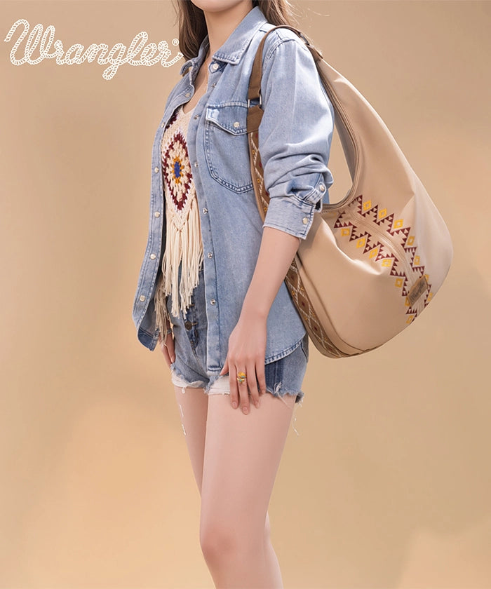 Wrangler Aztec Embroidered Wide Hobo Bag for Women - Stylish Boho Shoulder Purse with Tribal Pattern - Perfect for Casual Outings, Music Festivals & Travel Accessories
