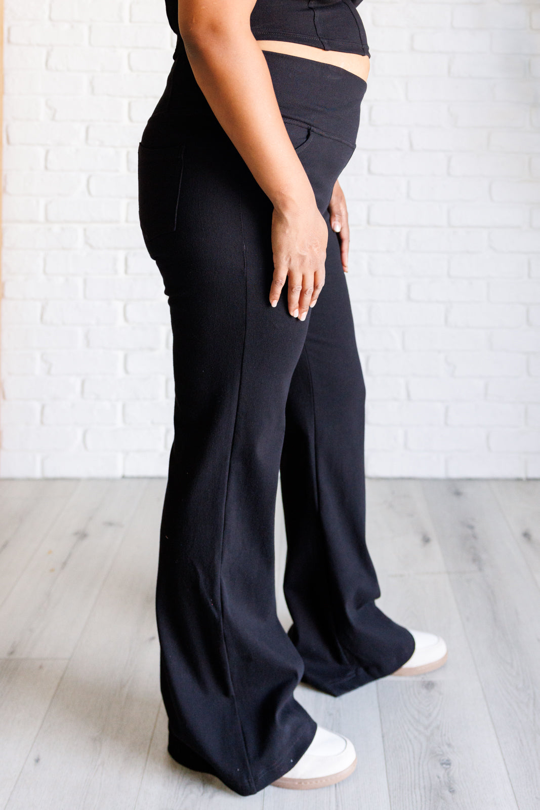 Women's High Waisted Twill Flare Pants - Crossover Design for Comfort & Style | Perfect for Work, Travel & Casual Outfits | Black