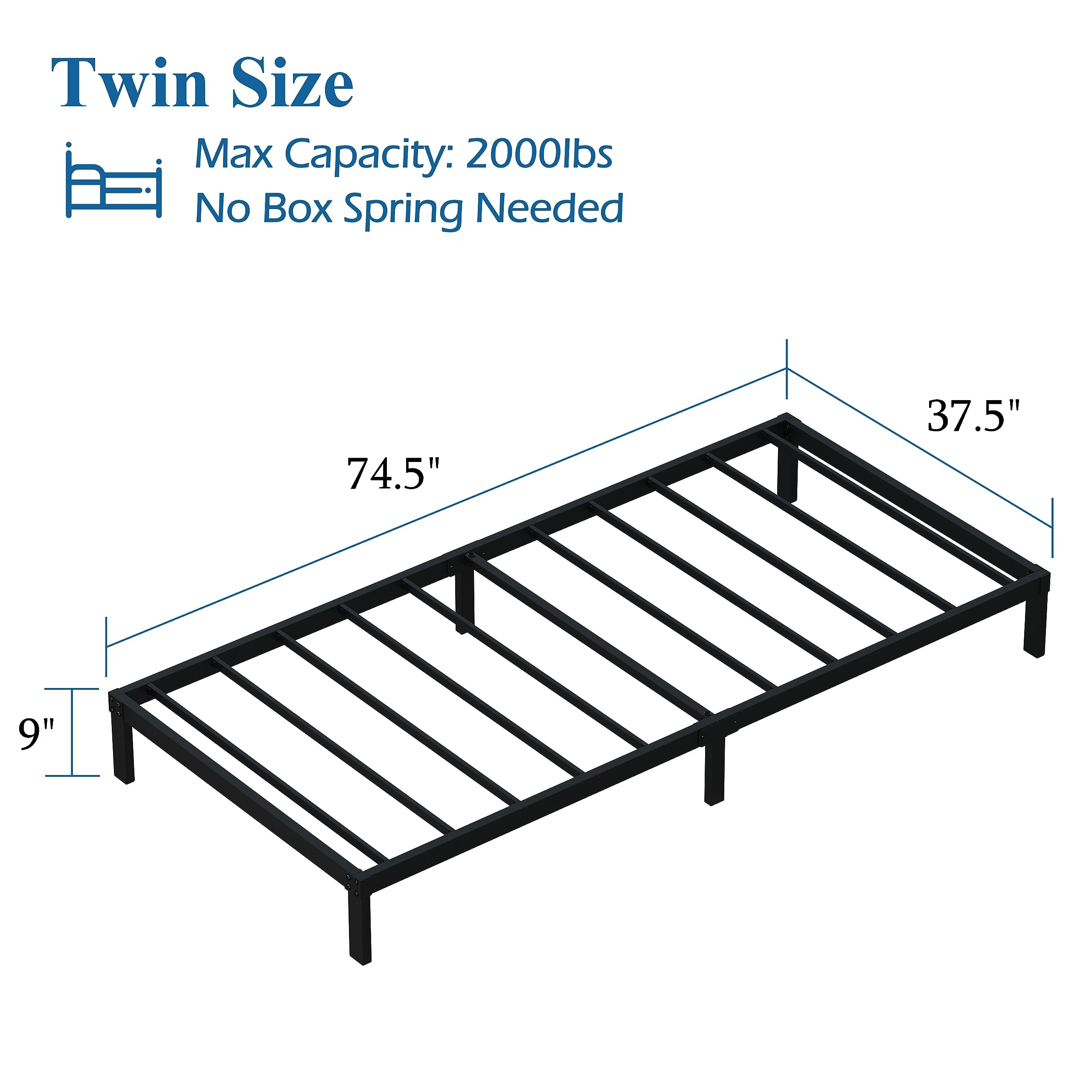 9 Inch Twin Bed Frame Heavy Duty Low Profile Metal Platform - No Box Spring Needed, Easy to Assemble, Noise Free Mattress Foundation - Black - Perfect for Kids Rooms, Guest Beds & Small Spaces