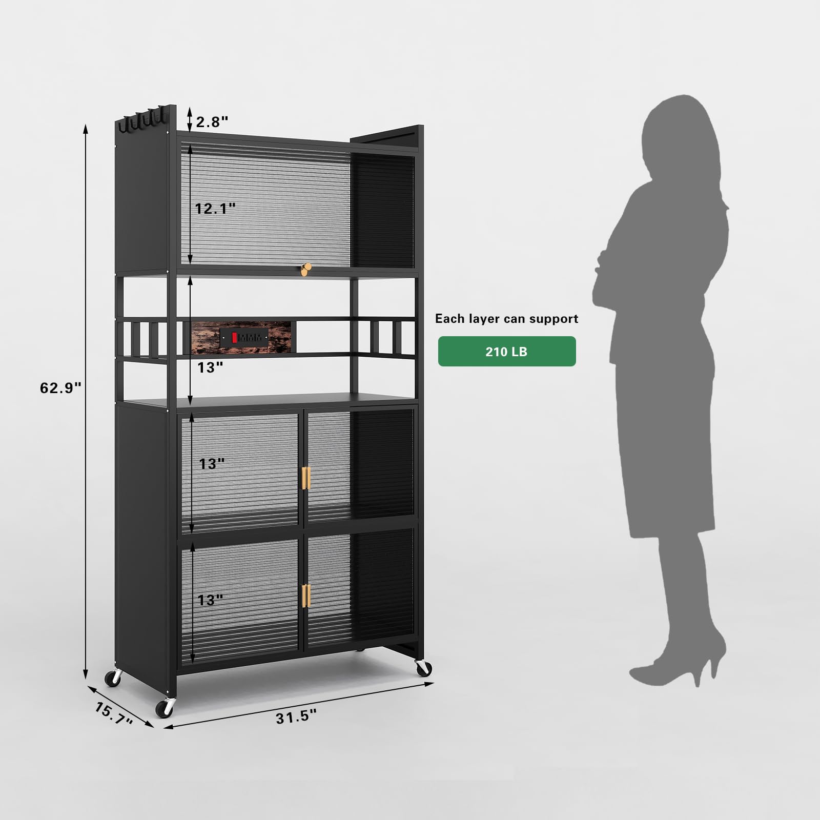 5-Tier Rolling Bakers Rack with Power Outlet & Hooks - Heavy Duty Microwave Stand, Coffee Station & Kitchen Storage Shelf for Spices, Pots, Pans - Perfect for Small Kitchens, Bakeries & Coffee Shops (Black)