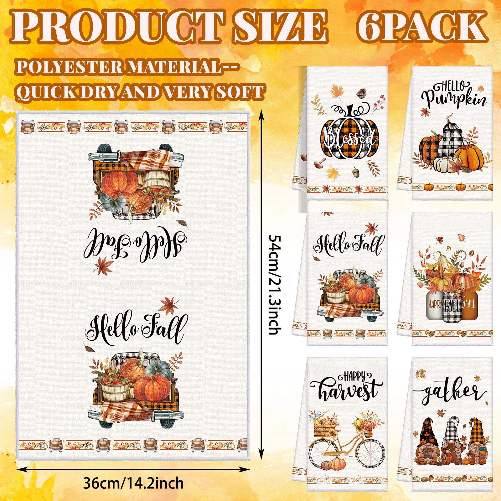 6-Piece Happy Fall Kitchen Towel Set - Thanksgiving Pumpkin & Autumn Harvest Dish Towels - Farmhouse Cotton Tea Towels with Truck, Gnomes & Bikers Design - Perfect for Farmhouse, Home Kitchen & Fall Decorations
