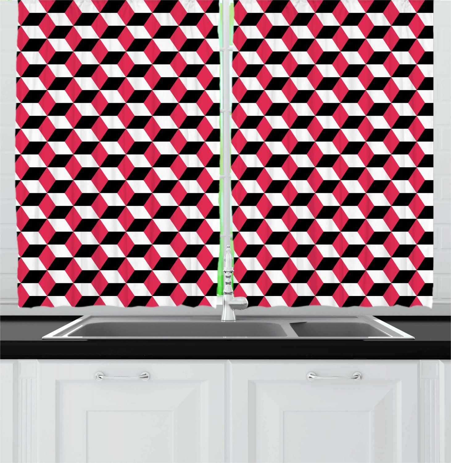 Ambesonne Abstract Geometric Cube Prism Kitchen Curtains - 2 Panel Set, 55