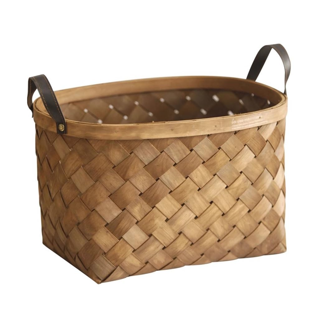 Round Woven Storage Basket with Leather Handle - Open Design Organizer for Shelves, Living Room, Nursery & Bathroom - Small Felt Basket for Home Decor & Countertop Storage