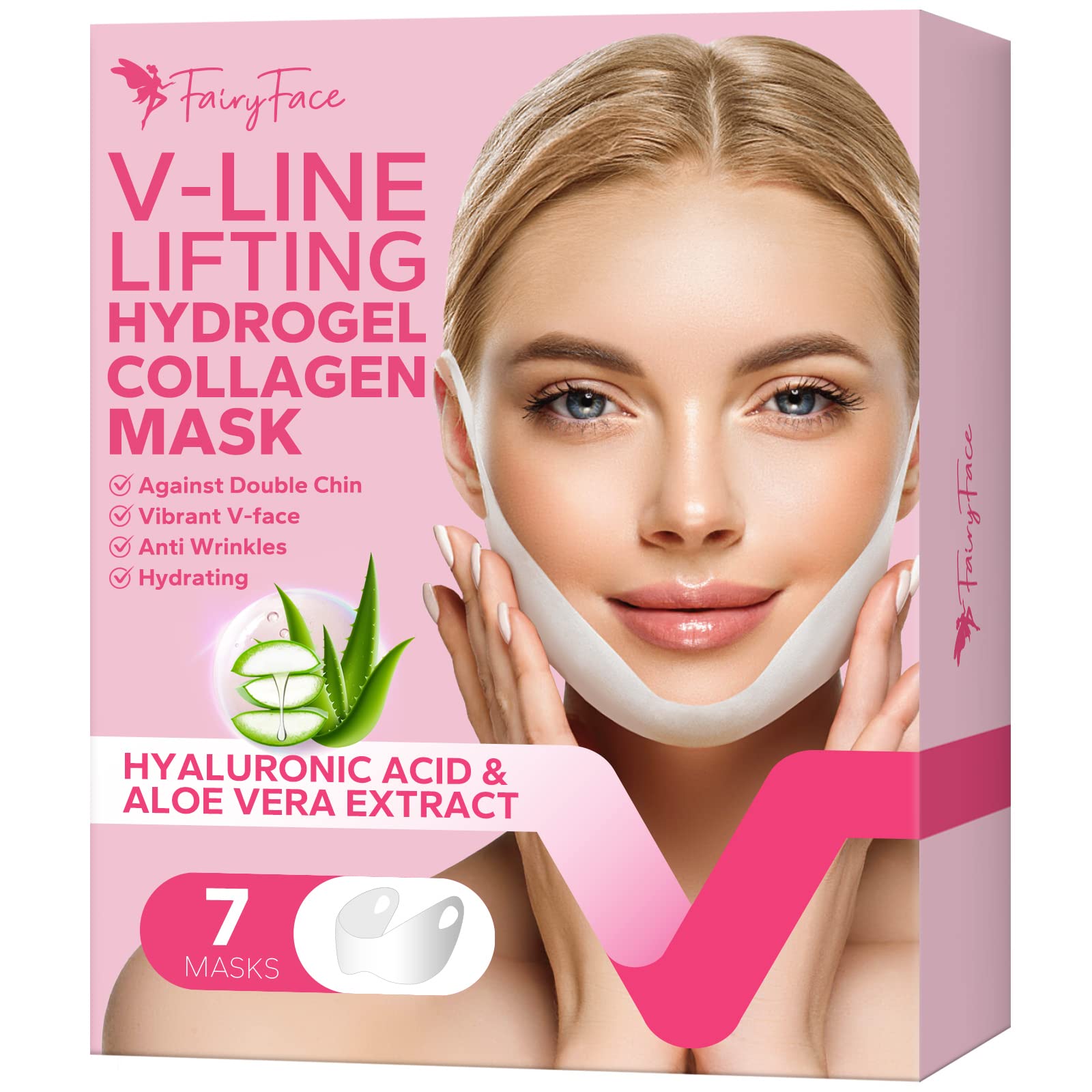 FairyFace V Line Shaping Face Masks (7 Pack) - Double Chin Reducer & Lifting Hydrogel Collagen Mask with Aloe Vera & Seaweed Extract - Anti-Aging & Anti-Wrinkle Treatment for Firming & Slimming - Perfect for Spa Night, Self-Care Routine & Travel Skincare