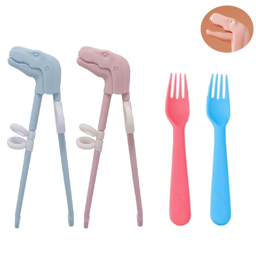 Dinosaur Training Chopsticks for Kids - 2 Pairs Reusable BPA-Free Utensils with Bonus Forks | Dishwasher Safe | Light Blue & Pink | Perfect for School Lunch Boxes & Asian Food Learning