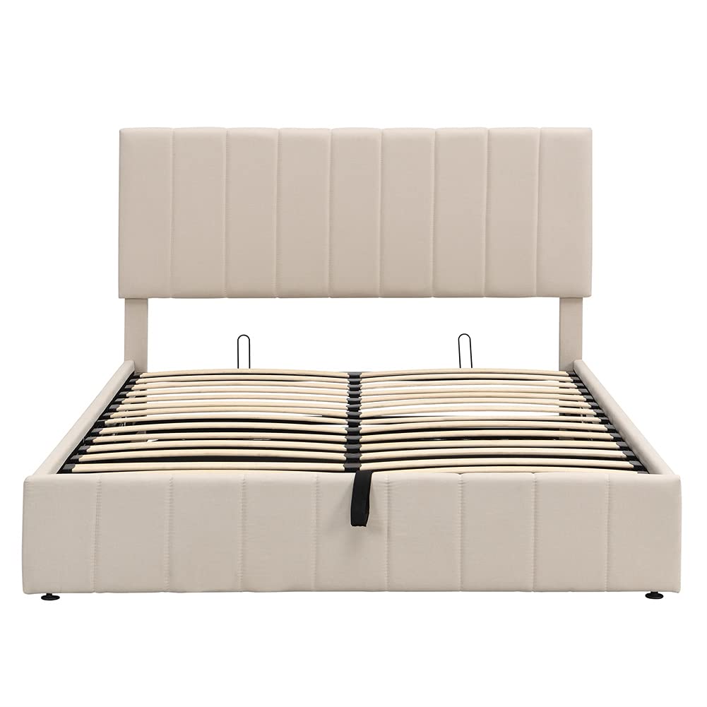 Queen Size Upholstered Platform Bed with Hydraulic Storage - Solid Wood Frame, Easy Assembly, Modern Beige Fabric - Perfect for Small Bedrooms & Guest Rooms