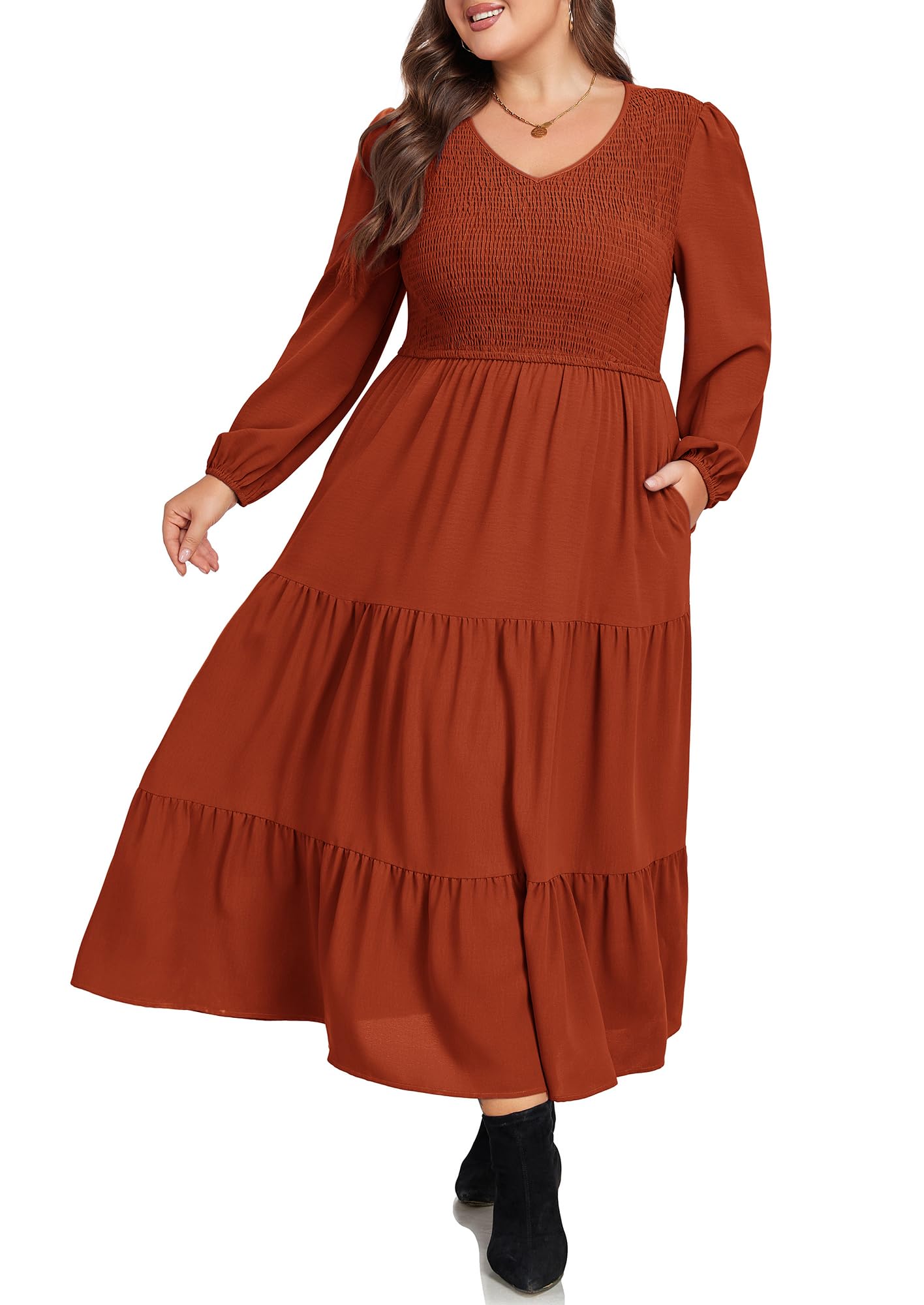 Hanna Nikole Women's Plus Size Spring Maxi Dress - Long Sleeve Smocked Flowy Tiered Dress with Pockets for Wedding Guest, Casual Wear & Outdoor Events