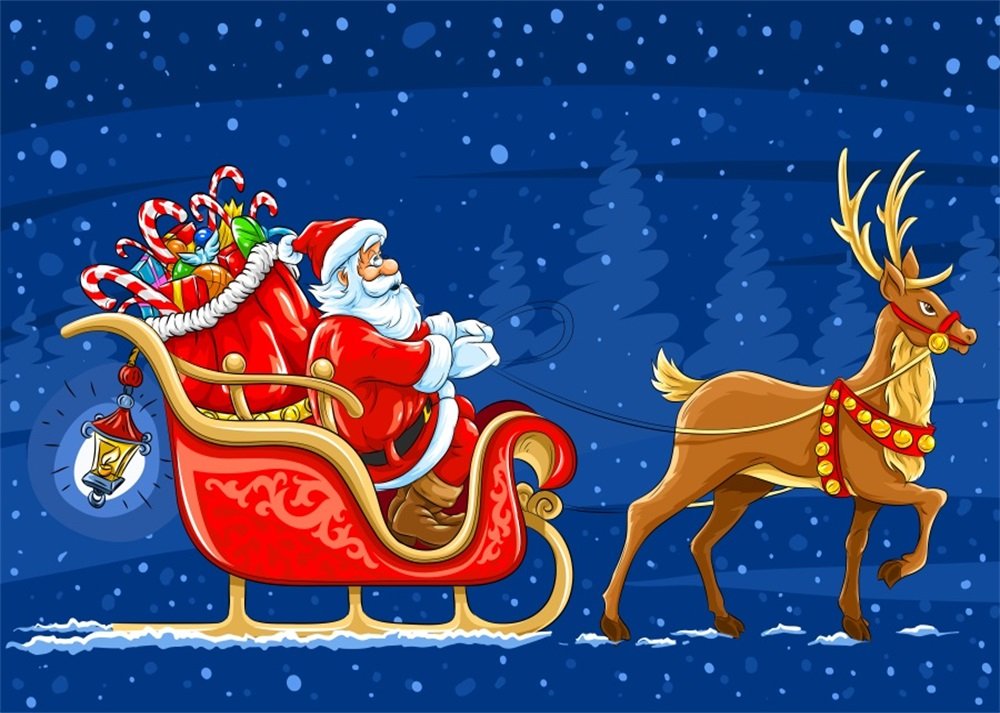 Leowefowa 7X5FT Christmas Photography Backdrop - Santa Claus, Reindeer, Gifts, Snowy Forest Scene - Blue Winter Vinyl Background for Kids & Adults Photo Studio Props | Perfect for Holiday Parties, Family Portraits & Social Media Content