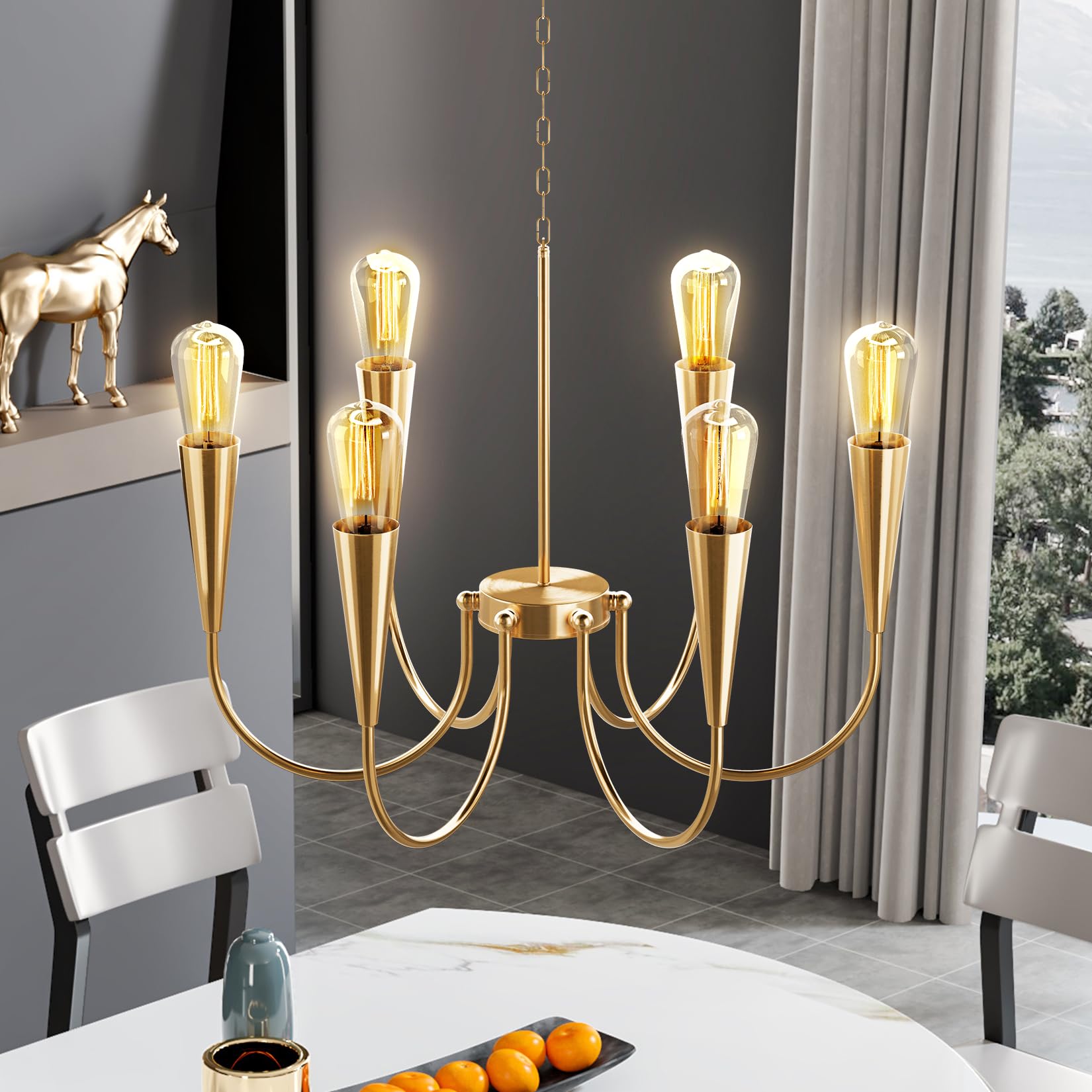 Modern Gold Chandelier - 6-Light Farmhouse Ceiling Fixture for Dining Room, Kitchen, Living Room, Bedroom & Entryway | Elegant Candle-Style Pendant Lighting for Home Decor & Interior Design