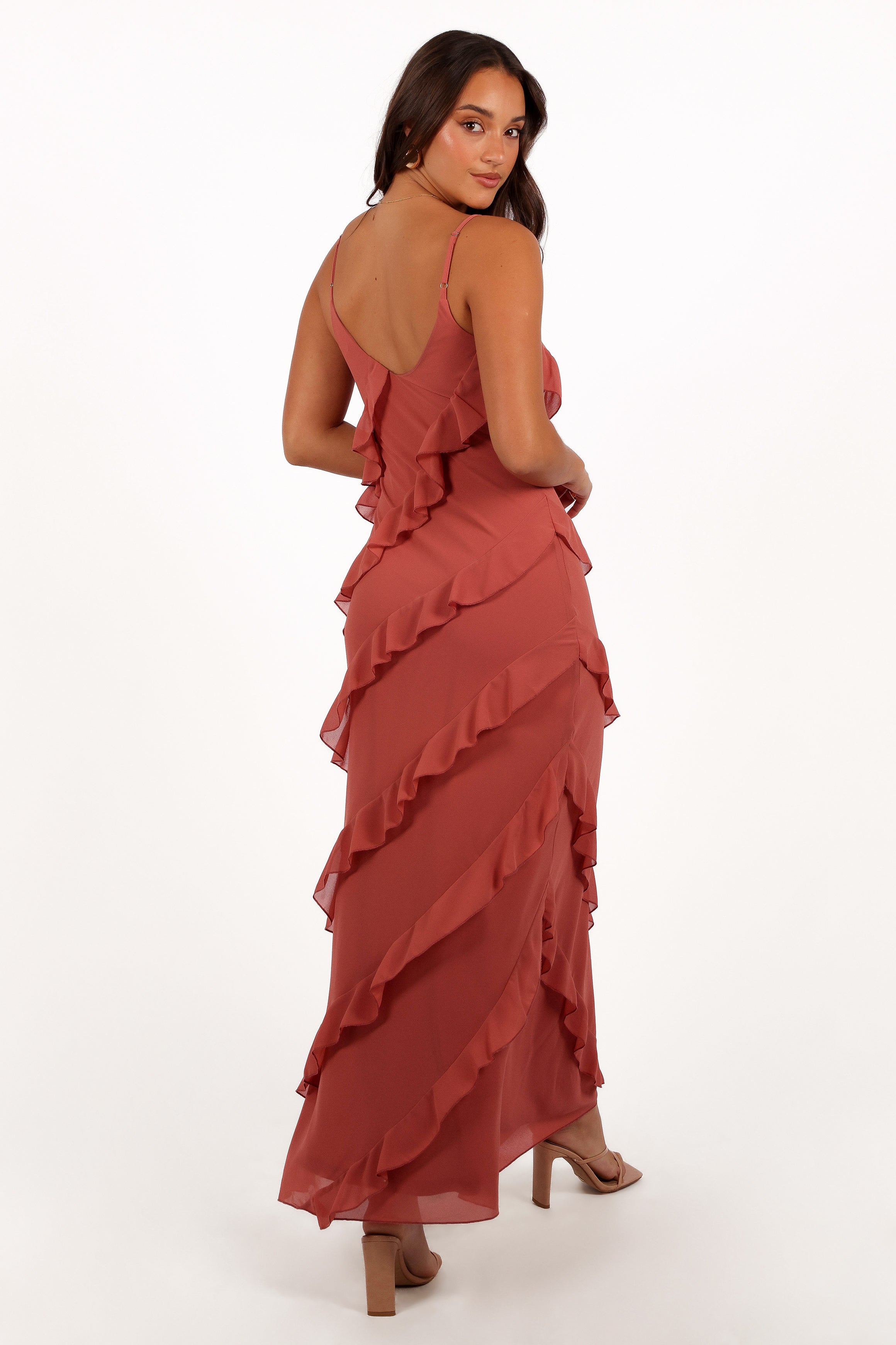 Ciao Ruffles Maxi Dress for Women - Elegant Rosewood Floral Summer Dress with Ruffled Hem, Perfect for Beach Vacation, Wedding Guest & Boho Party