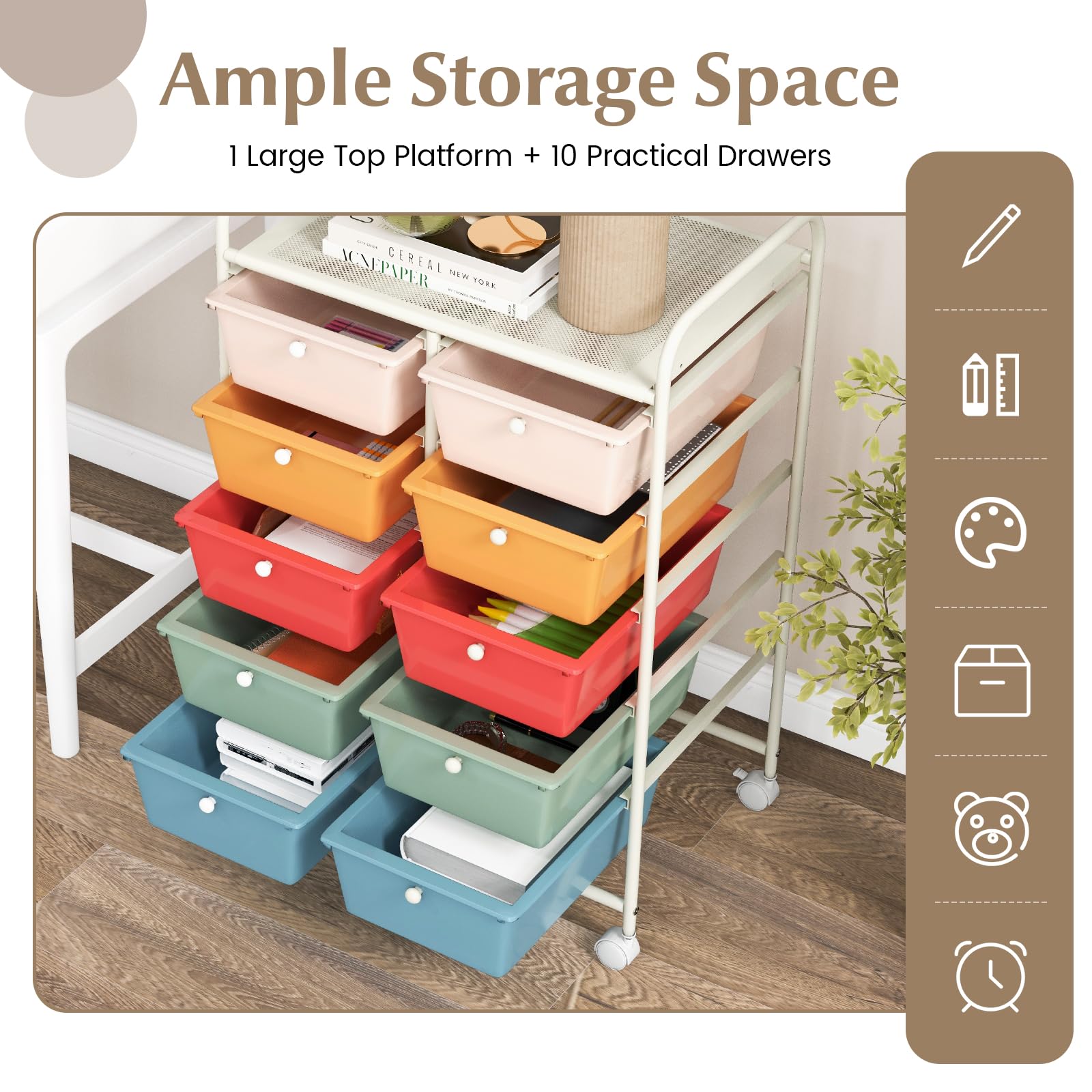 Byroce 10-Drawer Rolling Cart with Wheels - Multipurpose Craft Storage Organizer for Art Supplies, Tools, Paper - Perfect for School, Teacher, Home & Office Organization (Macaroon) - Ideal for Classroom Supplies, Craft Room Storage & Office Organization
