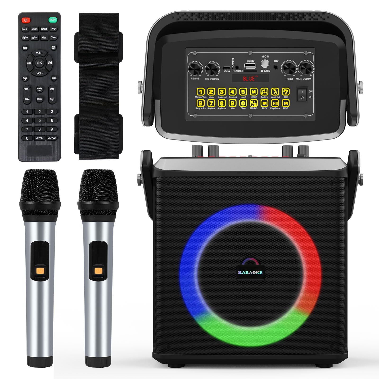 Portable Bluetooth Karaoke Machine with 2 Wireless Microphones & LED Lights - PA System Supports TF Card/USB/AUX - Perfect for Home Parties, Family Gatherings & Kids Entertainment (Black)