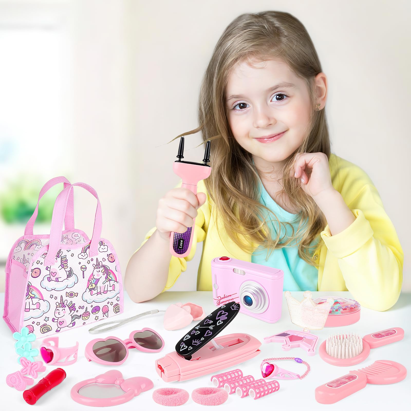 deAO 34PCS Kids Beauty Salon Toy Kit for Girls - Hair Styling Accessories, Handbag, Bluetooth Headset, Camera & Princess Makeup Toys | Pretend Play, Birthday Gift & Role-Playing Fun for Toddlers