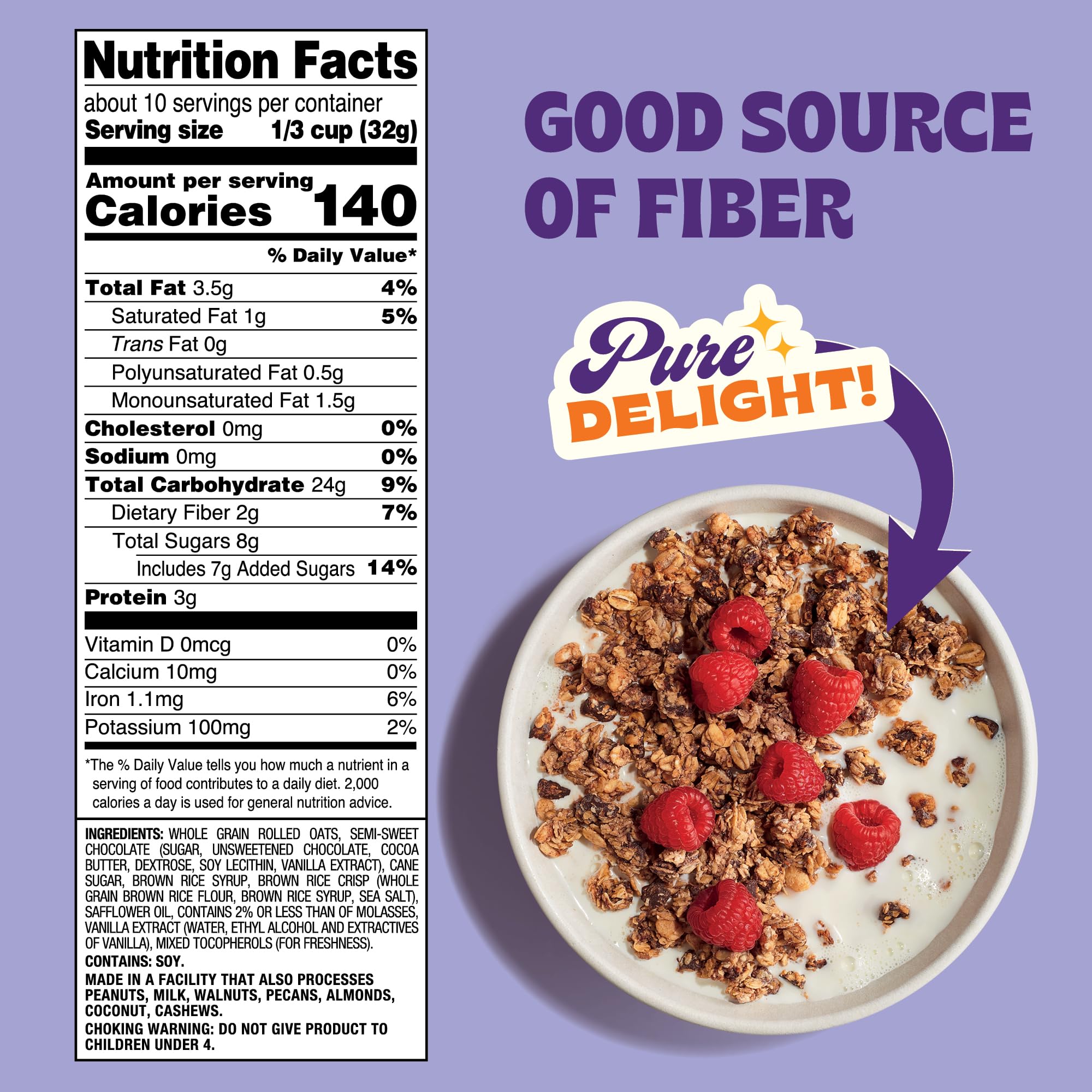 Organic Gluten-Free Granola Cereal - Non-GMO, Vegan, Whole Grain Rolled Oats Snack - Chocolate Flavor, 11oz (6-Pack) - Perfect for Breakfast, Healthy Snacking & On-the-Go Nutrition