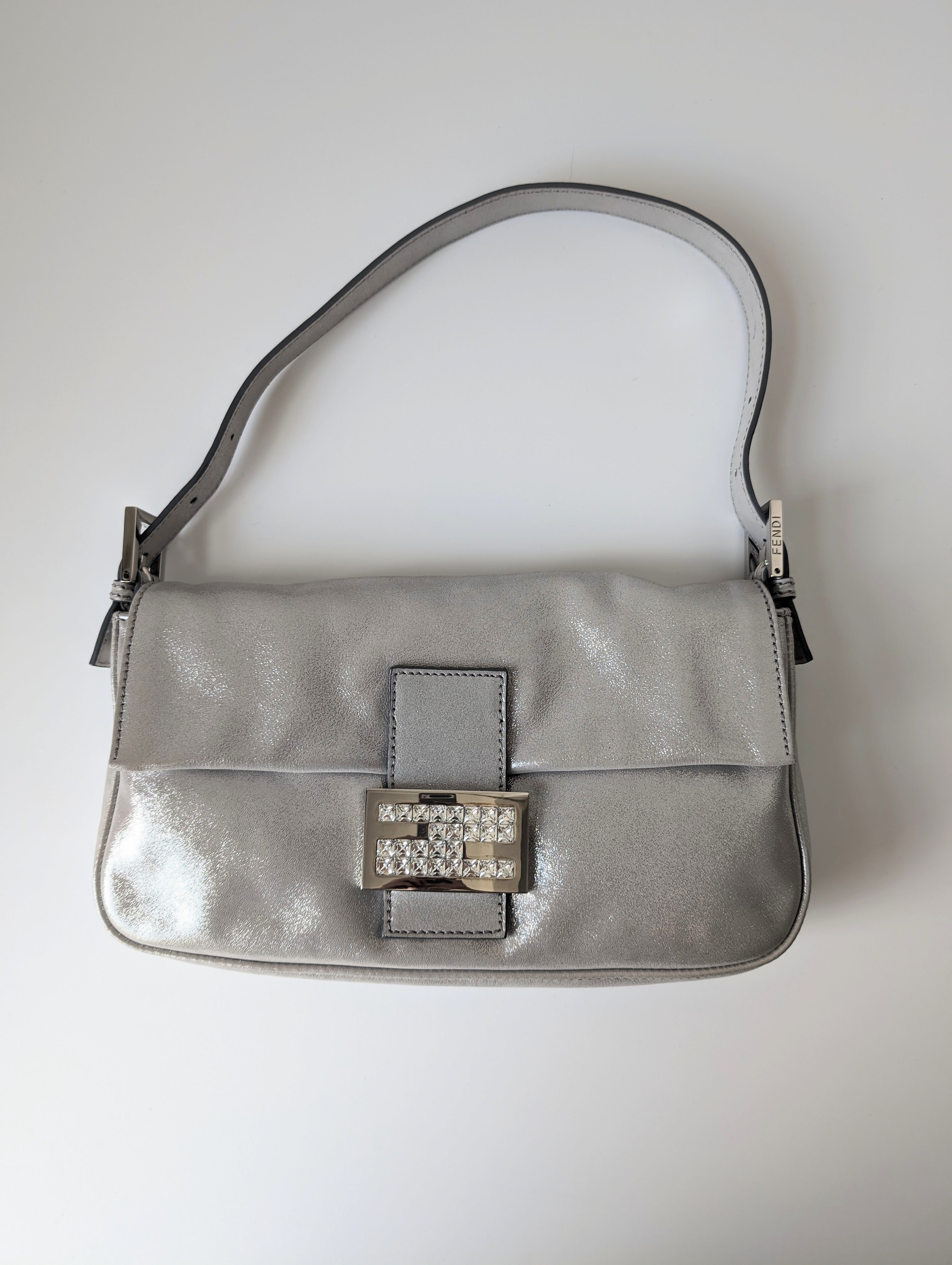 Exclusive Fendi Shimmering Silver Baguette Bag with Rhinestone Buckle - Perfect for Evening Parties & Luxury Fashion Accessories
