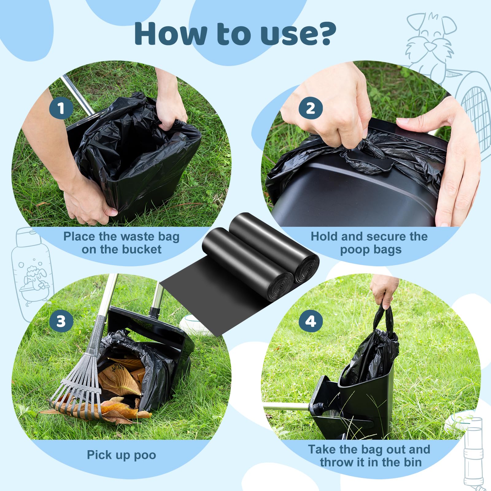 Odoland Heavy Duty Dog Poop Scooper with Swivel Bin & 20 Waste Bags - Adjustable Long Handle for Small & Large Dogs - Ideal for Yard, Grass, Dirt & Gravel - Perfect for Daily Pet Waste Cleanup & Outdoor Maintenance