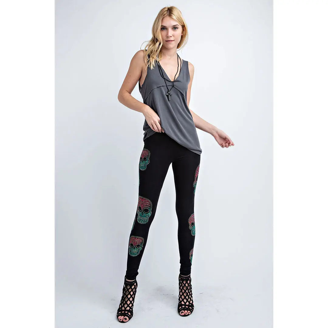 Vocal Women's Sugar Skull Leggings - Gothic Halloween Yoga Pants for Women, Day of the Dead Print Tights - Perfect for Costume Parties, Workouts & Festive Occasions