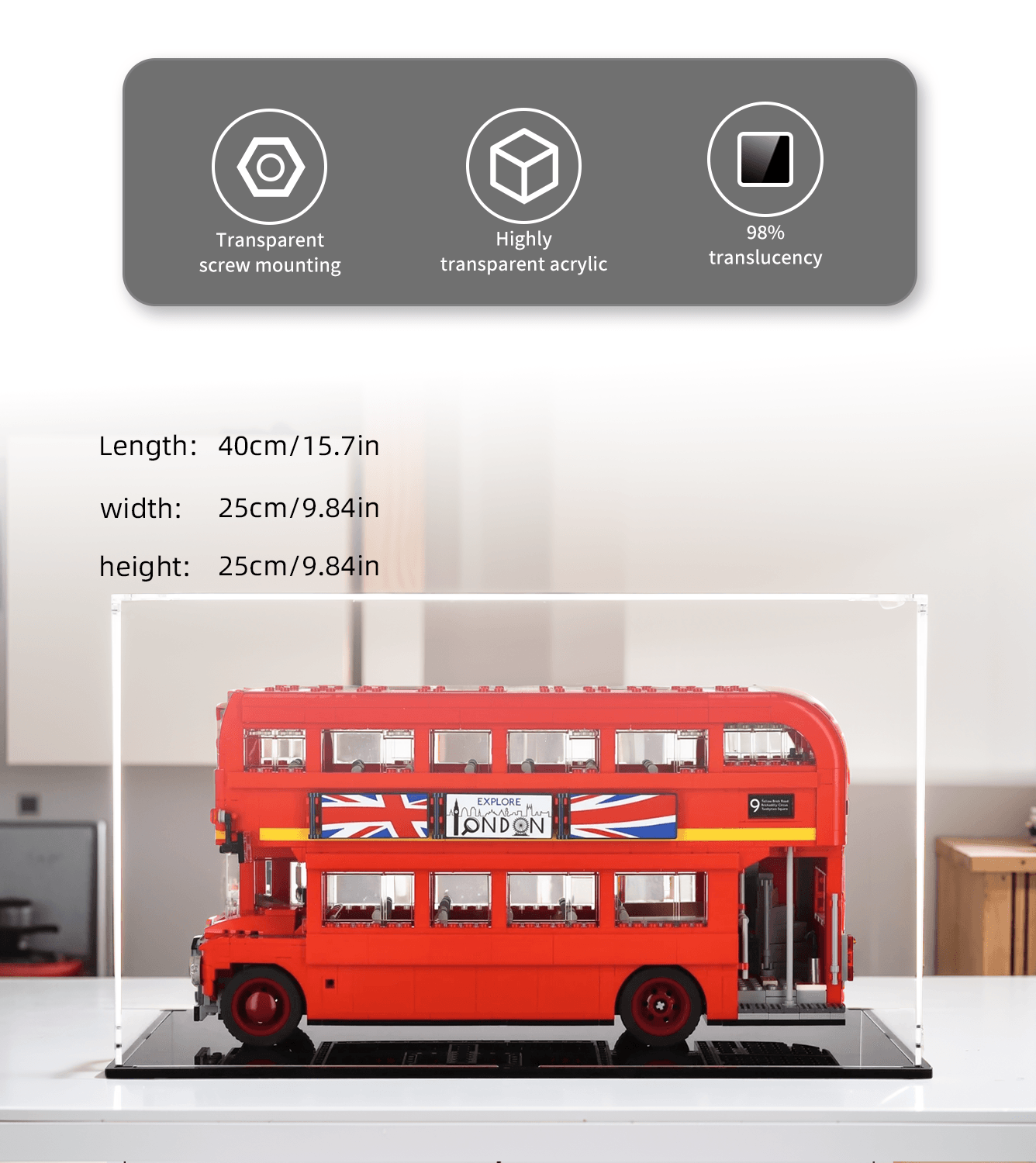 LEGO London Bus 10258 Display Case - Premium Acrylic Showcase for LEGO Creator Expert Set - Perfect for Home Decoration, Office Display & Collector's Showcase