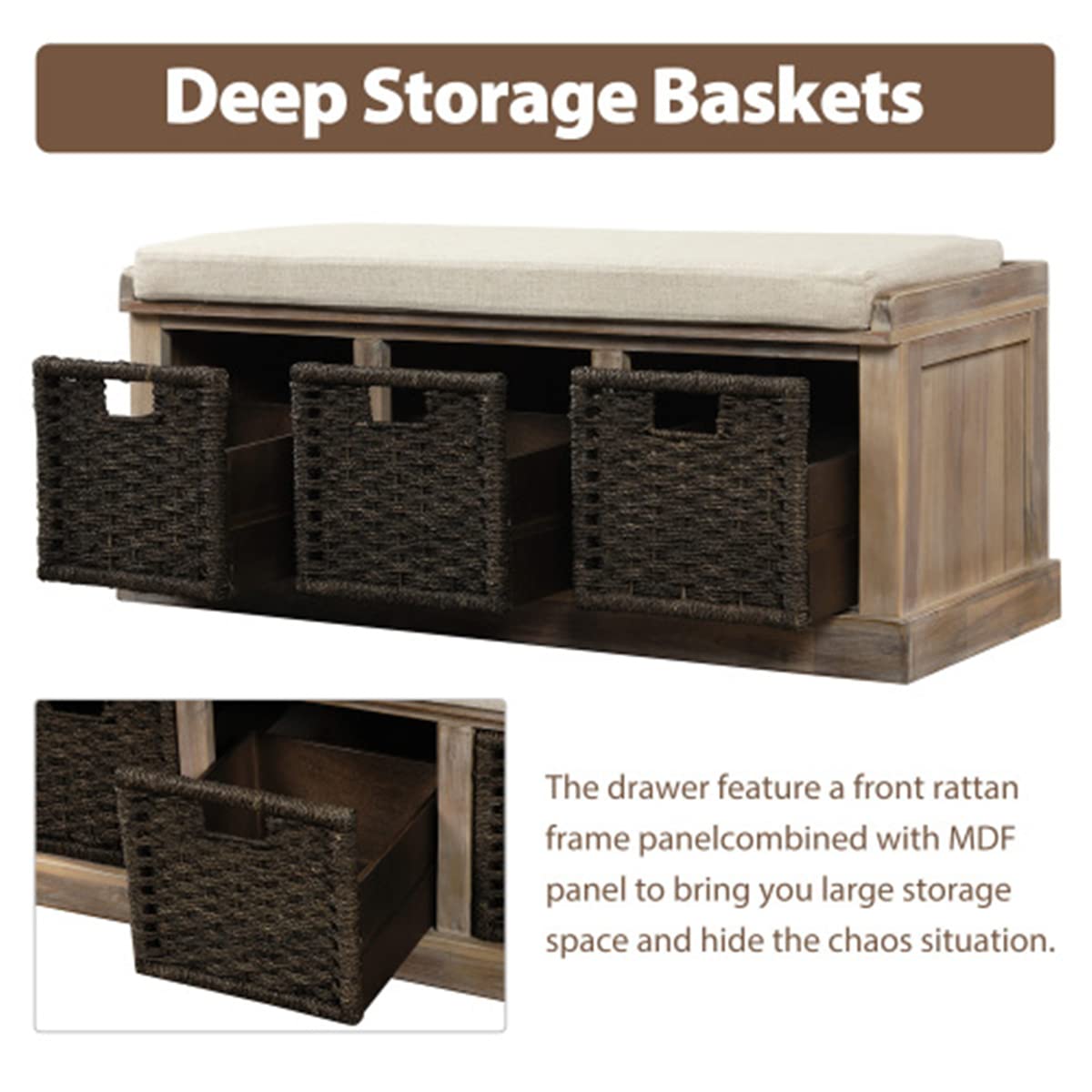 White Washed Wood Storage Bench with 3 Rattan Baskets & Removable Cushion - No Assembly Needed Entryway Bench for Hallway, Bedroom or Living Room Organization