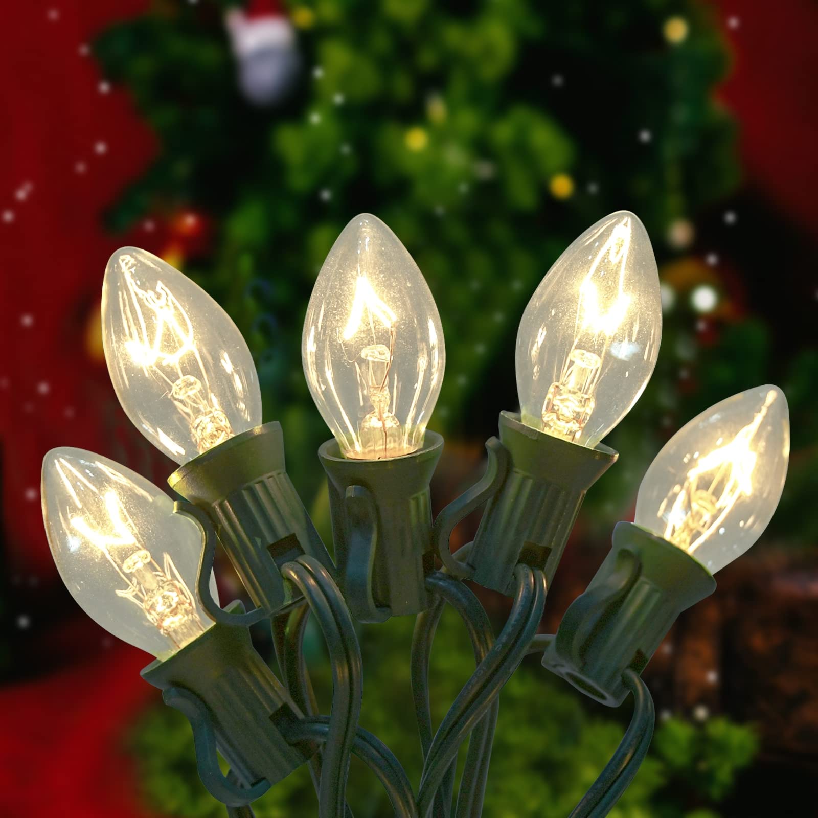 25Ft C7 Christmas String Lights Outdoor - 27 Clear Warm White Bulbs, Vintage Stranger Things Style Lights for Garden, Patio & Christmas Tree Decor (Green Wire) - Perfect for Holiday Parties, Porch Lighting & Festive Home Decoration
