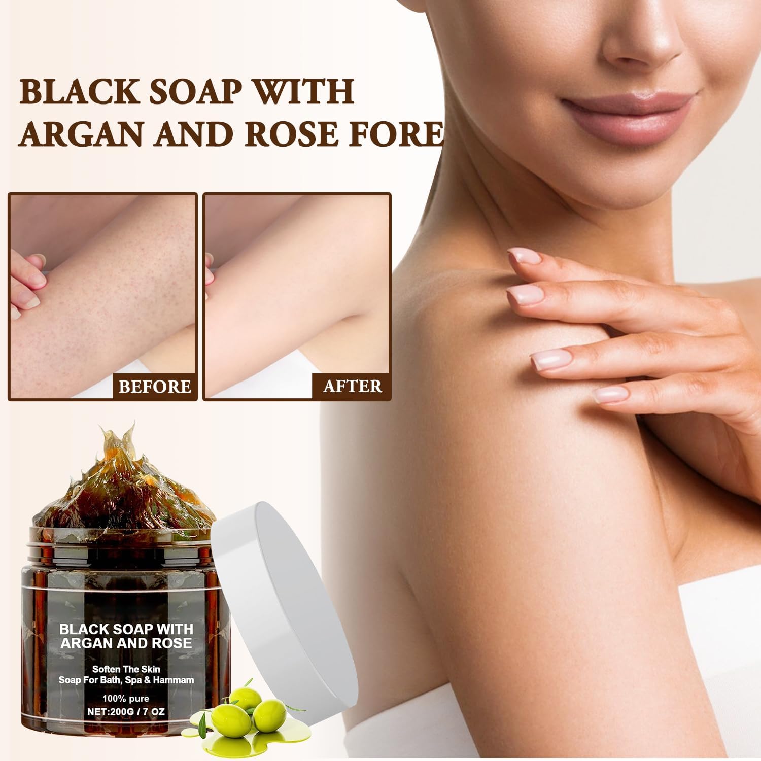 Moroccan Black Soap with Argan Oil & Rose - 7oz | Natural Exfoliating & Moisturizing Body Wash for Soft Skin | Perfect for Spa Day & Dry Skin Care