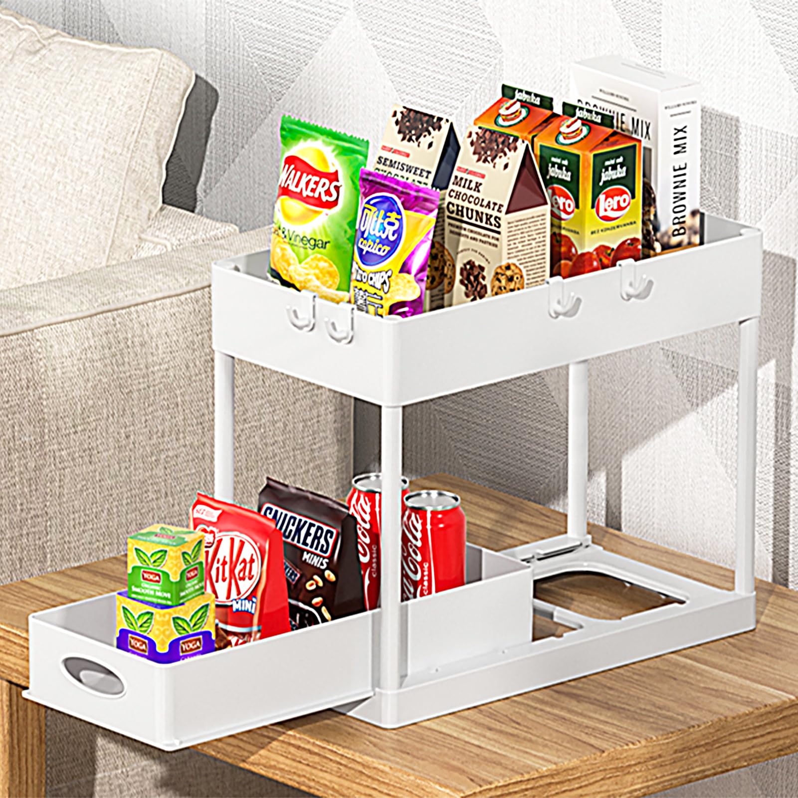 PUILUO 2-Tier Under Sink Organizer - White Sliding Cabinet Basket for Bathroom & Kitchen Storage - Perfect for Organizing Cleaning Supplies, Sponges & Toiletries Under Sink or in Cabinets