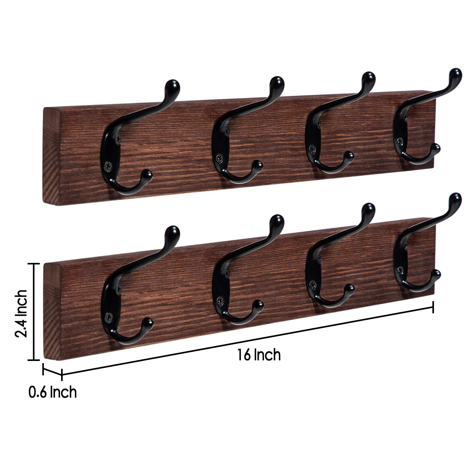 Y&ME YM Rustic Coat Rack Wall Mounted - 2 Pack Solid Wood Entryway Coat Hooks with 4 Metal Hooks - Farmhouse Style Hat & Coat Hanger for Clothes, Towels, Purses & Robes - Perfect for Bathroom, Bedroom, Mudroom & Hallway Organization