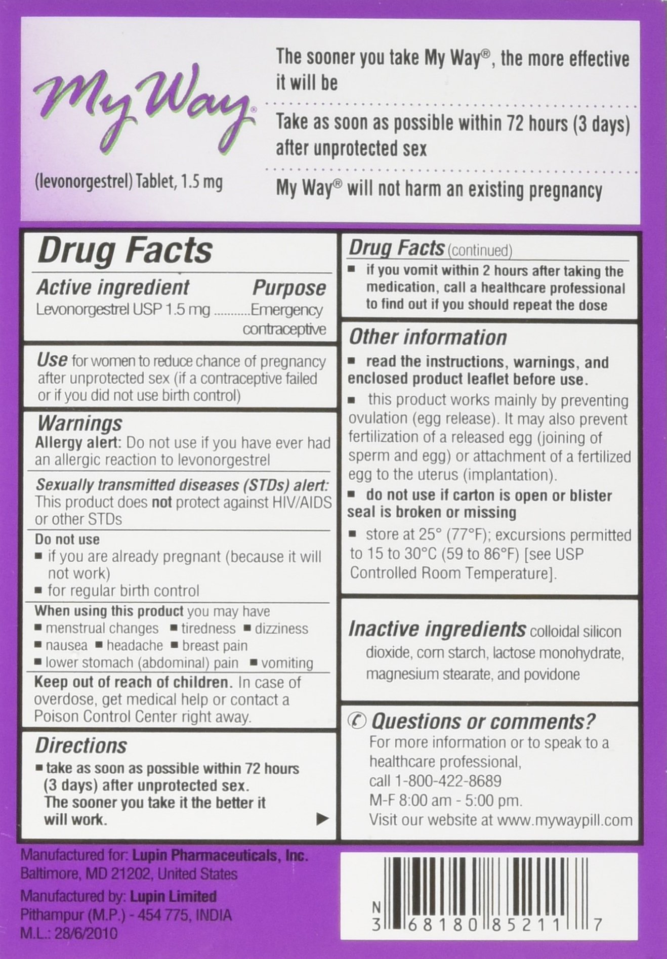 My Way Emergency Contraceptive Pill - 1 Tablet for Women | Fast-Acting Morning After Pill | Prevent Unplanned Pregnancy | Perfect for Travel & Unexpected Situations