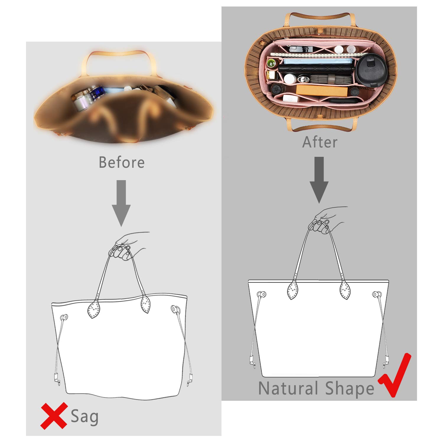Premium Felt Purse Organizer Insert with Zipper & Sewn Bottom - 6 Sizes for Louis Vuitton Speedy, Neverfull, Graceful Handbags | Perfect for Travel, Work & Daily Organization