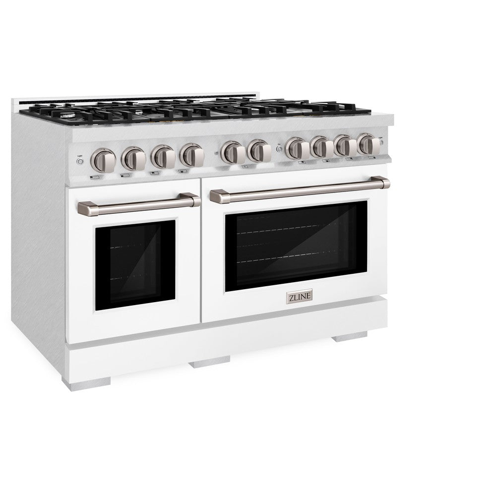ZLINE 48-Inch 6.7 cu.ft Dual Fuel Range with 8-Burner Gas Cooktop & Double Oven - Satin Stainless Steel with White Matte Doors (HDRS WM 48) - Perfect for Large Family Kitchens & Professional Cooking