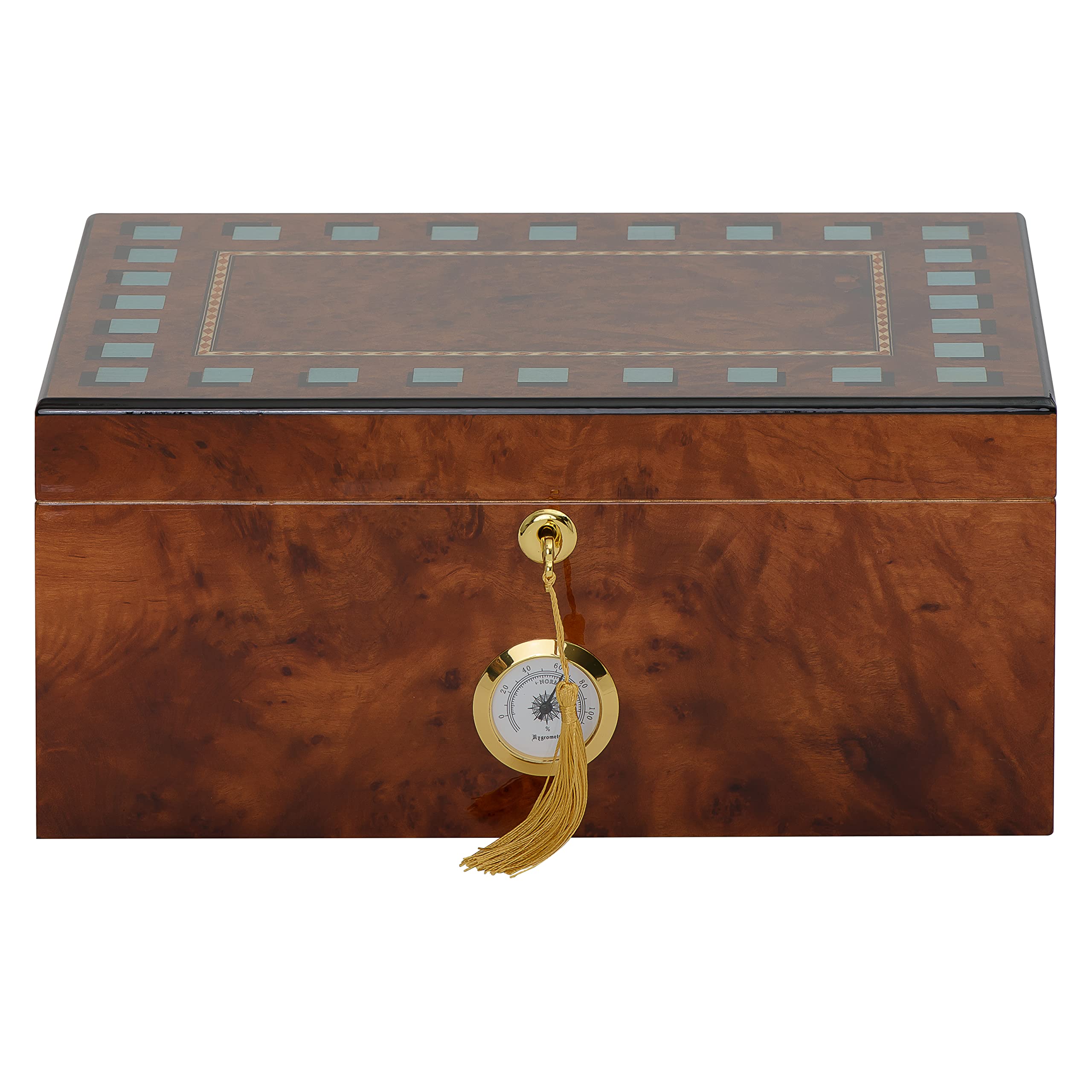 Premium Santorini Cigar Humidor - Rustic Burl Wood Desktop Storage with Blue Inlay, Glass Hygrometer & Spanish Cedar Tray - Holds 40-75 Cigars - Perfect for Home Office, Man Cave or Gift for Cigar Enthusiasts