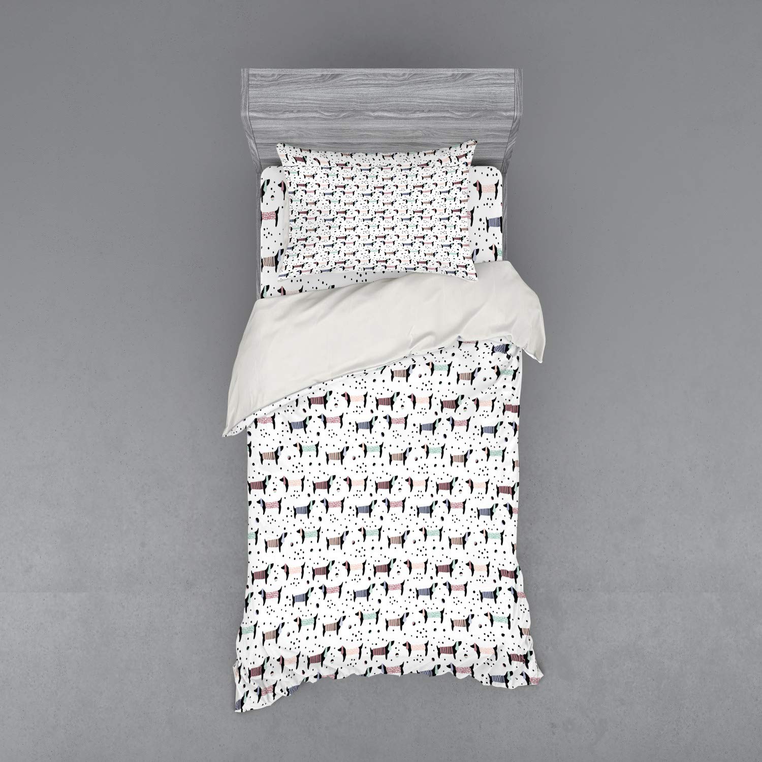 Ambesonne Dog Duvet Cover Set - Hand Drawn Dachshund Silhouettes on Monochrome Dotted Background, 3-Piece Bedding Set with Pillow Sham & Fitted Sheet, Twin Size, Multicolor - Perfect for Pet Lovers' Bedroom Decor & Dog Themed Home Accessories
