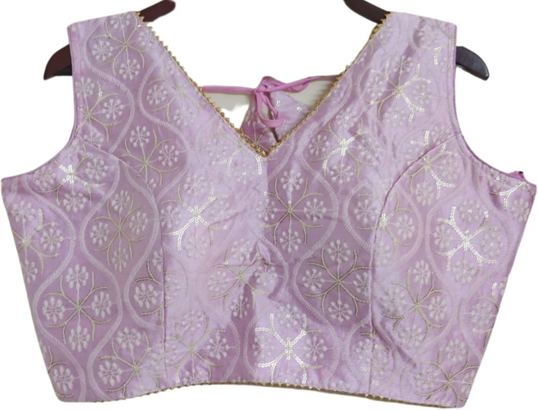 Indian Hawker South Silk Lucknowi Embroidered Blouse with Sequins - Sleeveless Ready-to-Wear Sari Blouse for Women | Perfect for Weddings, Festivals & Special Occasions