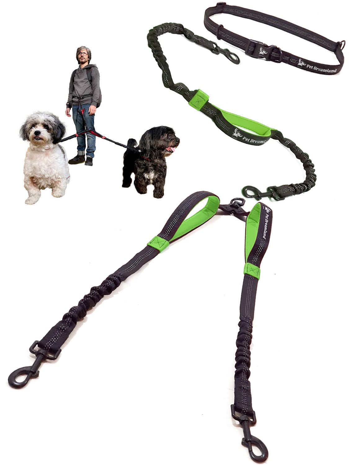 Hands Free Double Dog Leash for Medium Dogs - Tangle-Free Dual Dog Leash for Walking 2 Dogs - Adjustable No-Pull Coupler Leash (Black & Green) - Perfect for Hiking, Jogging & Daily Walks with Your Pets