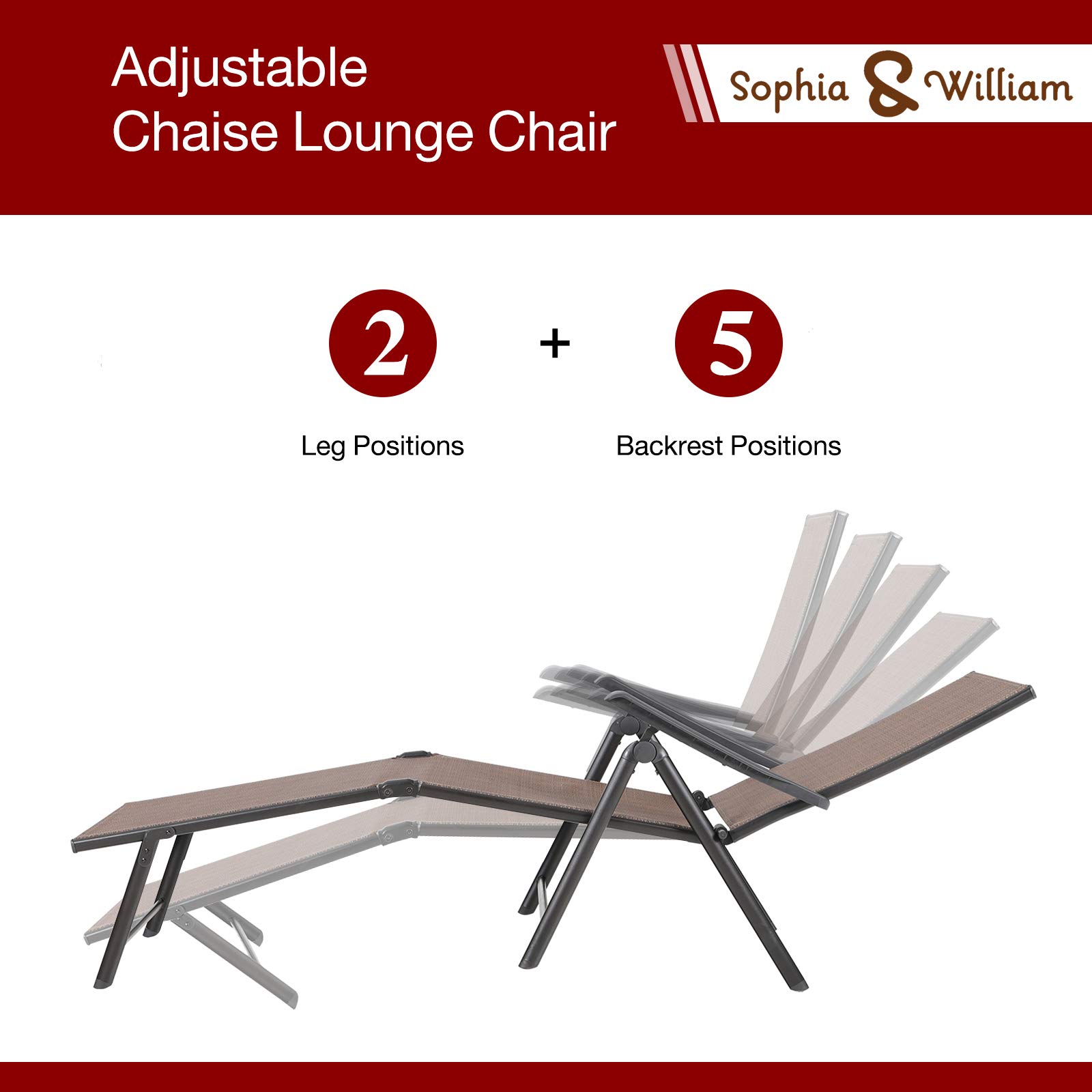 Sophia & William Outdoor Chaise Lounge Chair Set of 2 - Patio Folding Textiline Recliner with Adjustable Backrest & Armrests - Perfect for Beach, Pool, Backyard, Garden Relaxation - Brown