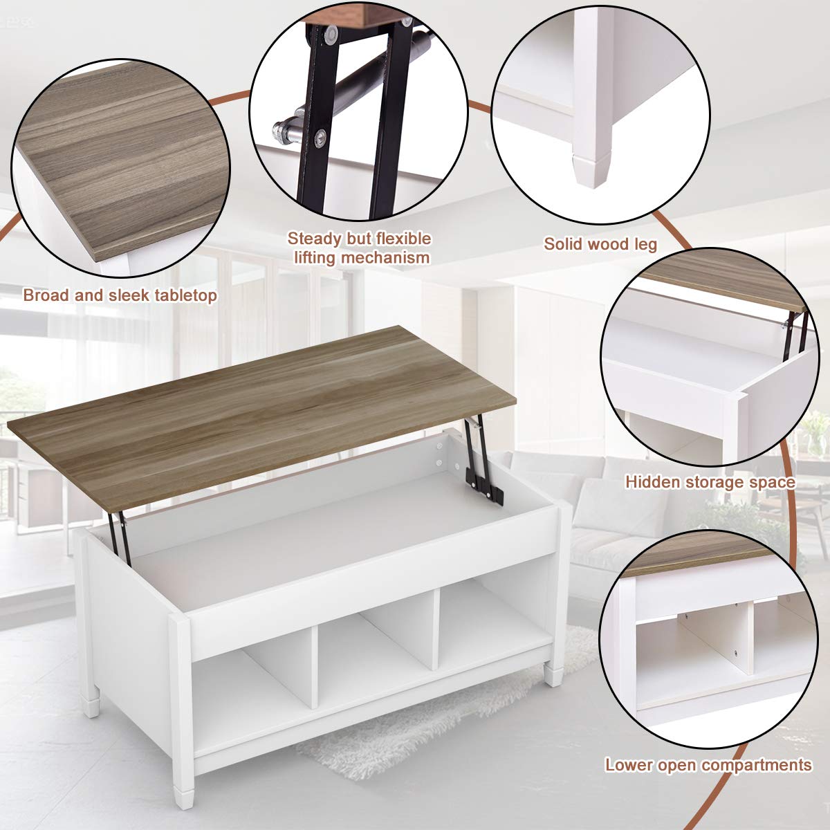 KOTEK Lift Top Coffee Table with Hidden Storage Compartment & Open Shelves - Modern Living Room Lift-Top Table for Small Spaces, Sofa Side Table with Storage - Perfect for Apartments, Studios & Reception Areas (White)