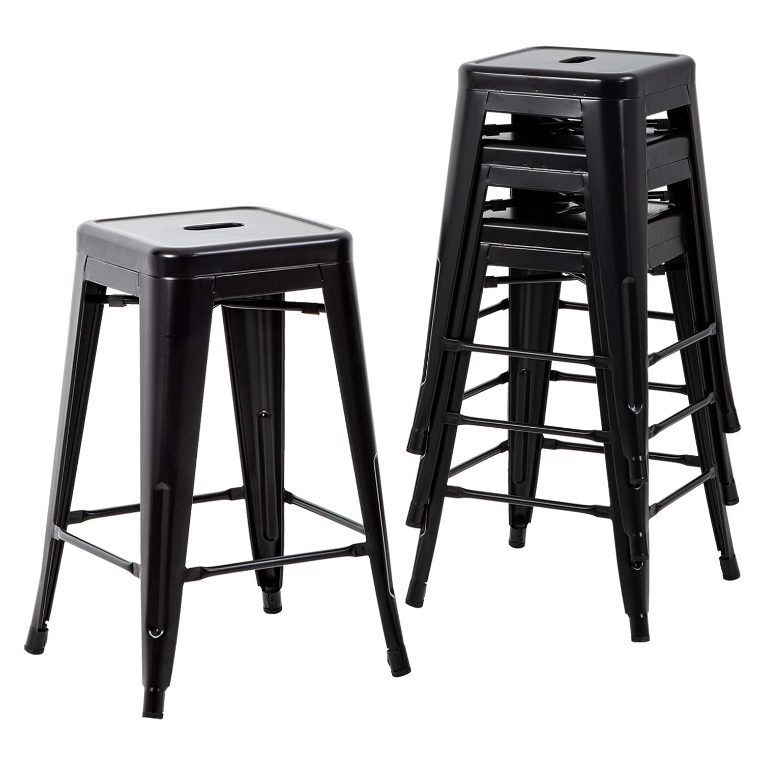 HCY 24 Inch Metal Dining Chairs Set of 4 - Stackable Bar Stools for Kitchen, Patio, Indoor & Outdoor Use - Durable Black Metal Chairs for Restaurant, Cafe, Bistro and Home Decor