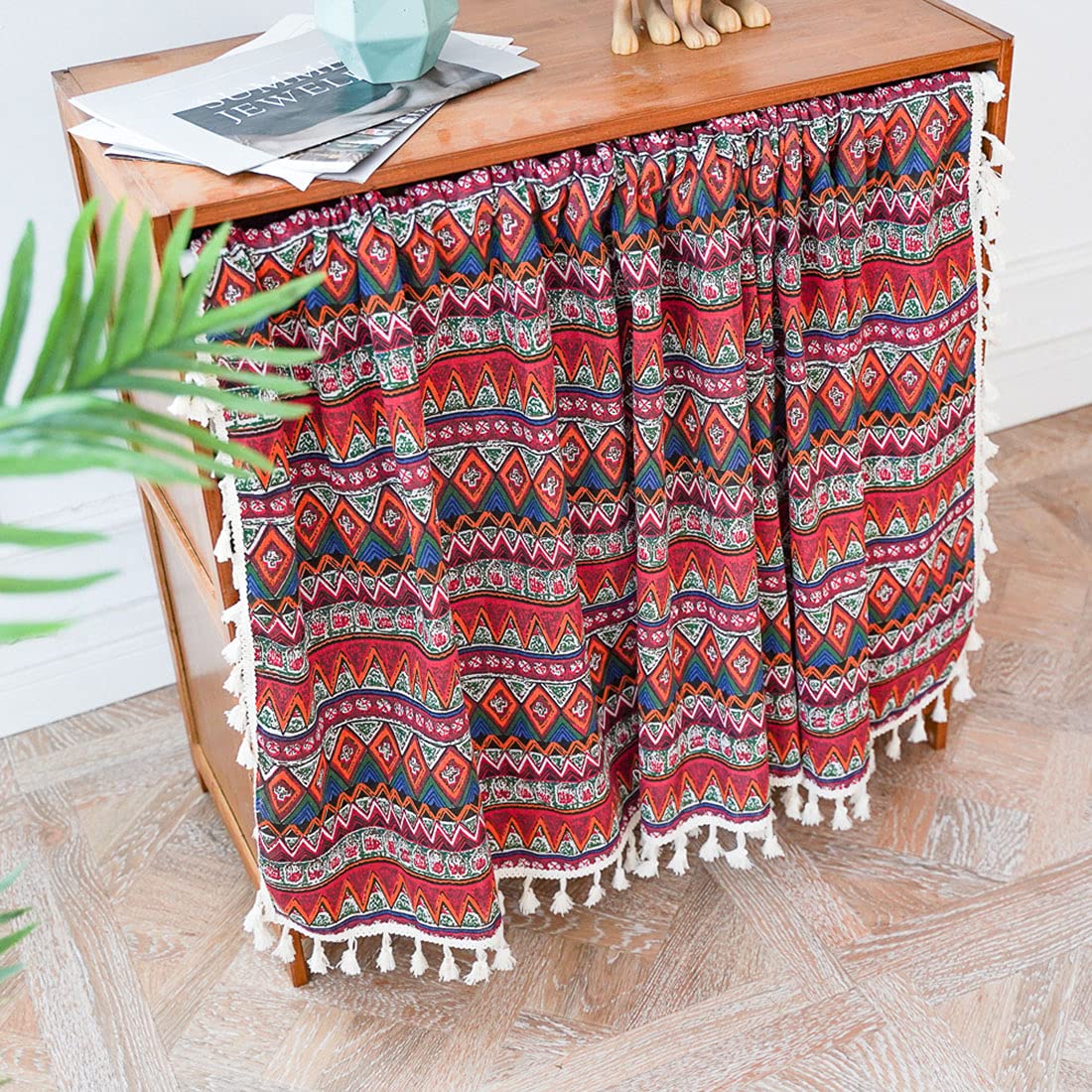 Boho Cotton Linen Cafe Curtains with Tassels - Geometric Print Short Kitchen Curtains with Rod Pocket, 24x35 Inches, Red - Perfect for Kitchen Windows, Cabinets & Boho Home Decor