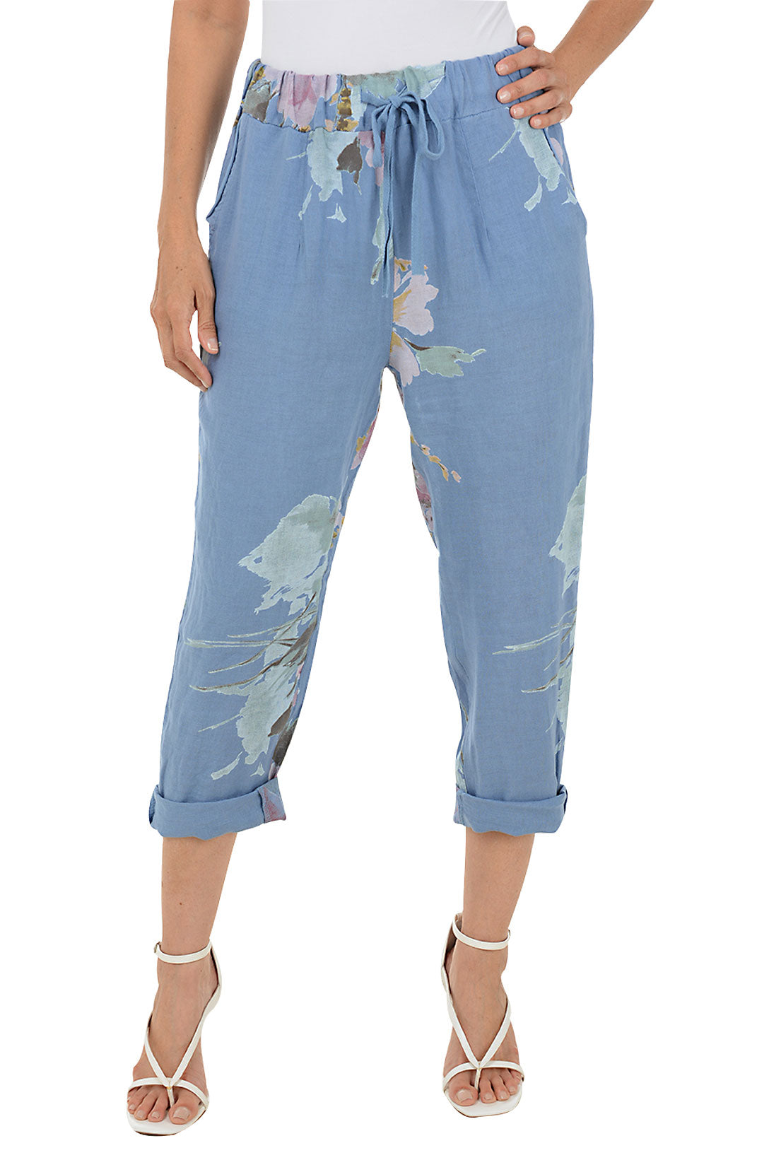 Stylish Chambray Floral Linen Lounge Pants for Women - Comfortable Casual Pajama Pants for Home, Yoga & Relaxation