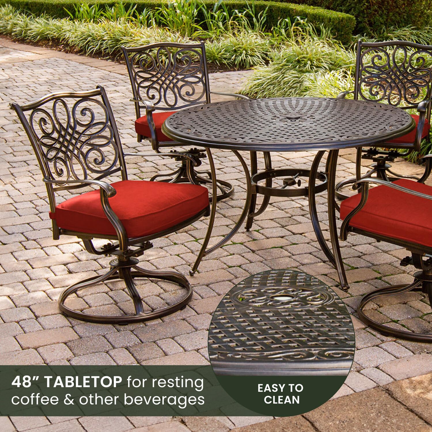 Hanover Traditions 5-Piece Outdoor Patio Dining Set - 48'' Round Rust-Resistant Table & 4 Swivel Rocker Chairs with Weatherproof Autumn Berry Red Cushions - Modern Garden Furniture for Backyard, Deck, and Poolside Dining
