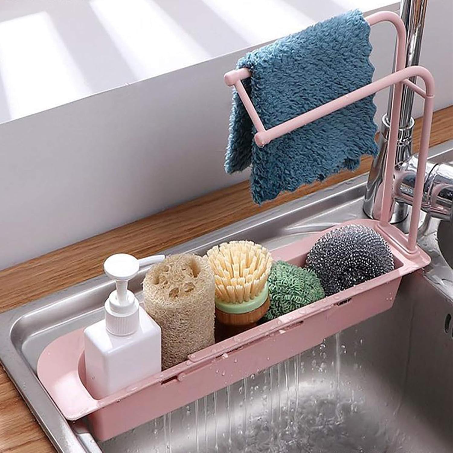 Upkaranwale Kitchen Sink Organizer Rack with Soap Holder - Pink | Space-Saving Sink Caddy for Sponges & Dish Soap | Perfect for Small Kitchens & Bathrooms