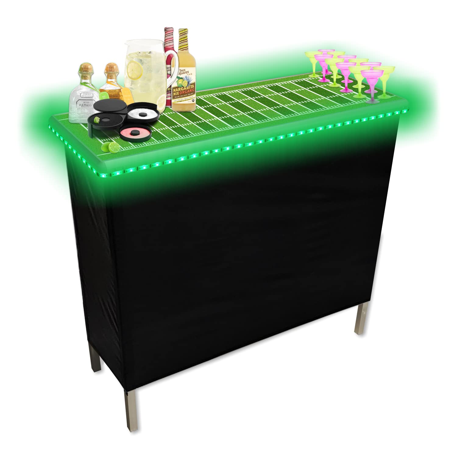 PartyPong Folding Portable Football Beer Pong Table with Multi-Color LED Lights, Black Skirt & Storage Shelf - Perfect for Backyard Parties, Tailgating & College Events - Single Set