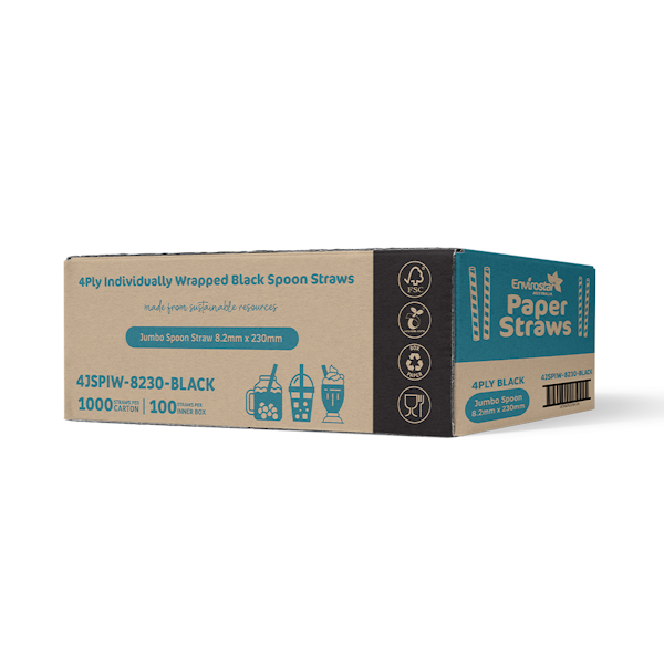 Eco-Friendly Black 4-Ply Paper Spoon Straws - Individually Wrapped, Biodegradable Cutlery for Parties, Picnics & Takeout - Envirostar Sustainable Disposable Utensils