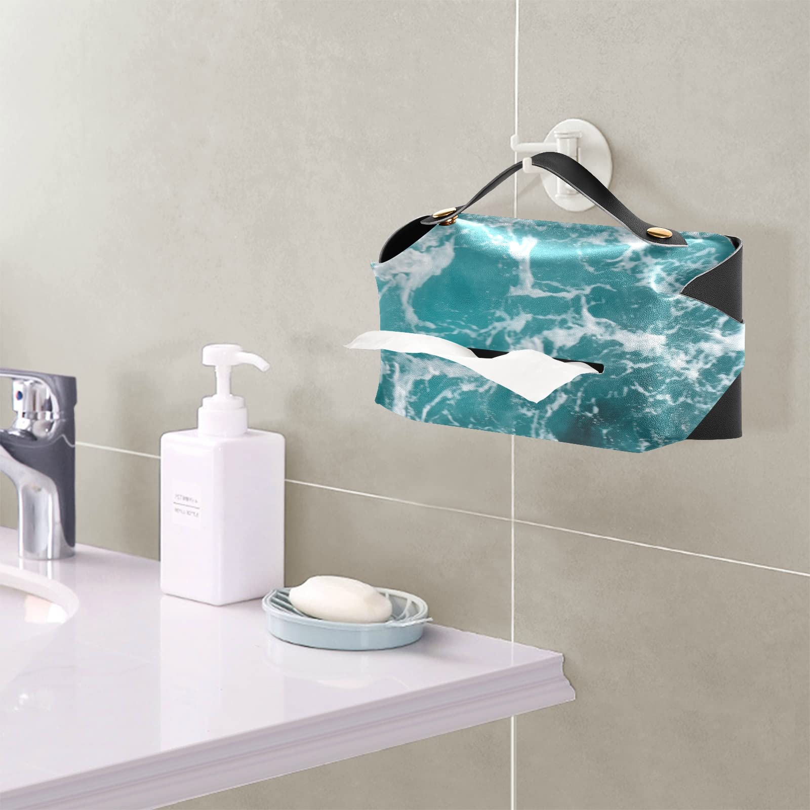 Turquoise Ocean Wavy Surface Leather Tissue Box Cover with Handle - 5.7x5.7x5.7 Inch Square Design for Bathroom, Home, Office & Car - Perfect for Nightstands, Vanity Countertops and Desks - Water Splash Close-Up Texture