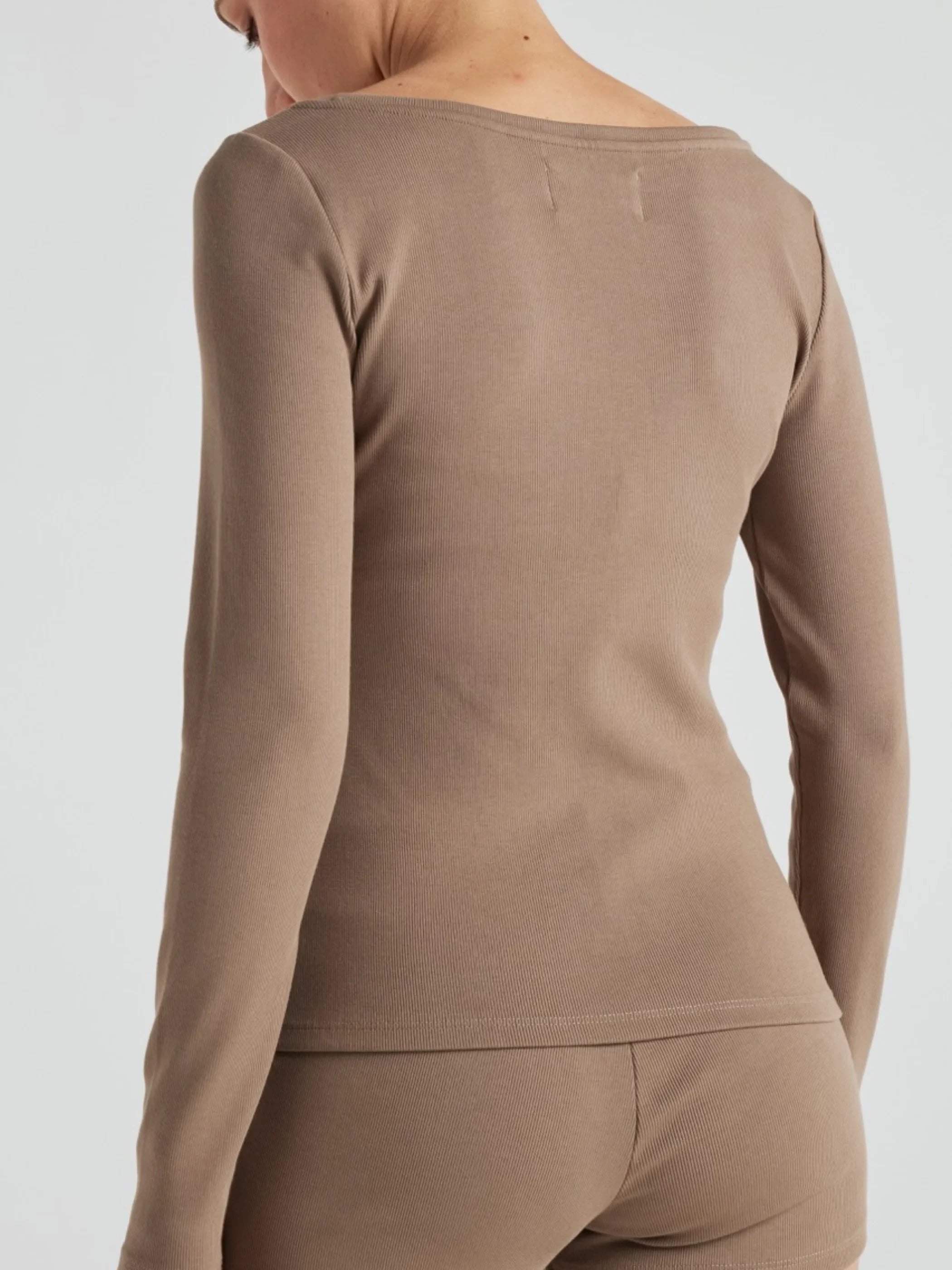 Serene Rib Long Sleeve Top for Women - Soft Pine Bark Color Crewneck Blouse - Perfect for Work, Casual Outfits & Layering