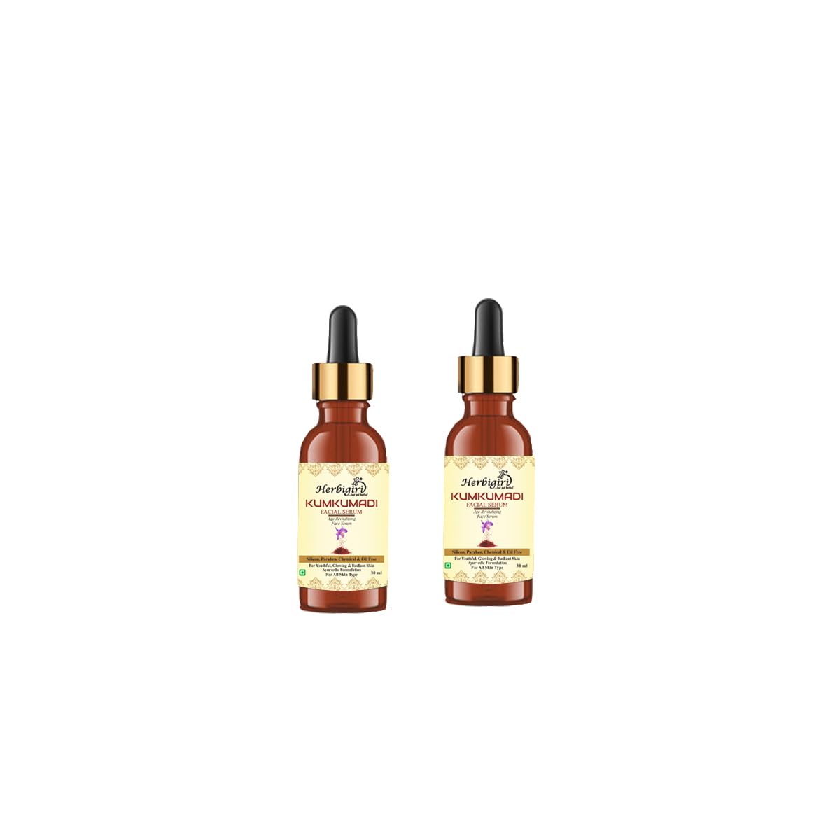 Herbigiri Ayurvedic Kumkumadi Face Serum - 100% Natural Night Beauty Fluid for Glowing Skin (Pack of 2, 60ml) | Perfect for Nighttime Skincare Routine & Anti-Aging Treatment