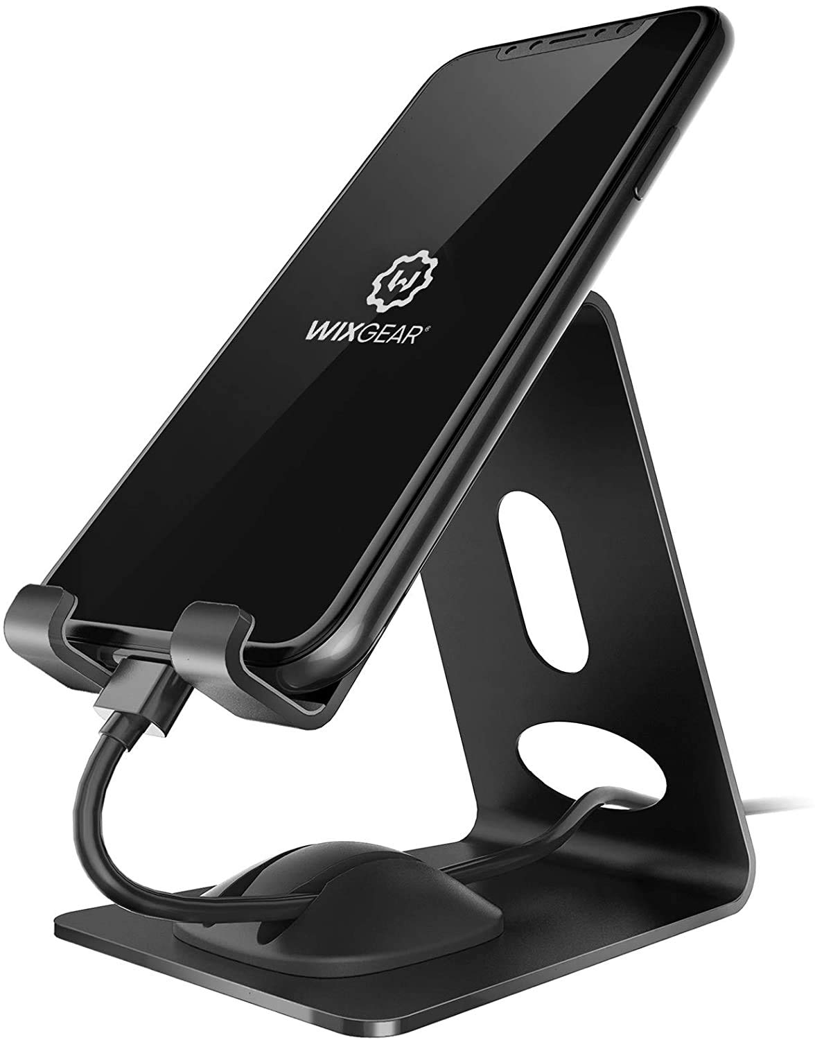 Premium WixGear Phone Stand - Universal Metal Phone Holder for iPhone, Android & Mini Tablets - Sturdy Desk Stand with Cord Management - Perfect for Work, Home Office & Video Calls