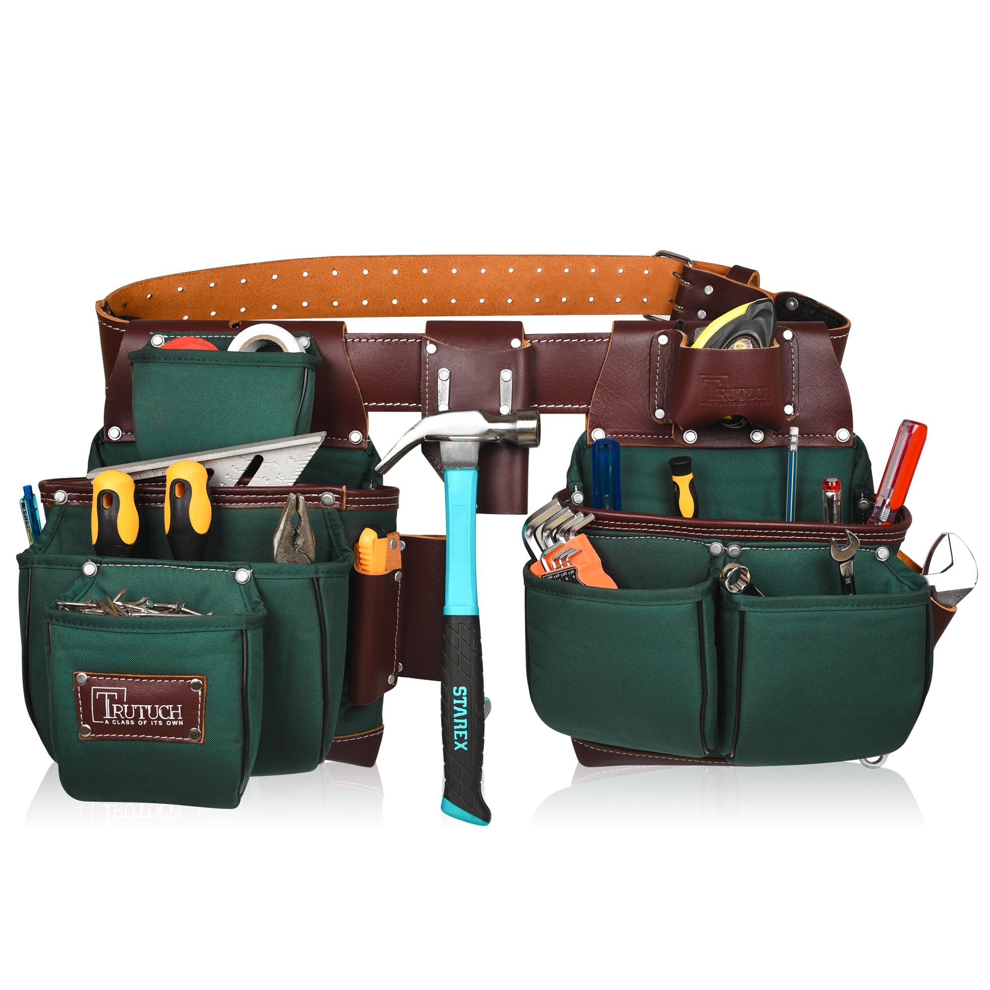 Durable Nylon & Leather Tool Belt for Carpenters, Construction Workers, Electricians - Heavy Duty Framing Tool Bag with Multiple Pockets (Green) - Perfect for Job Sites, DIY Projects & Home Renovations