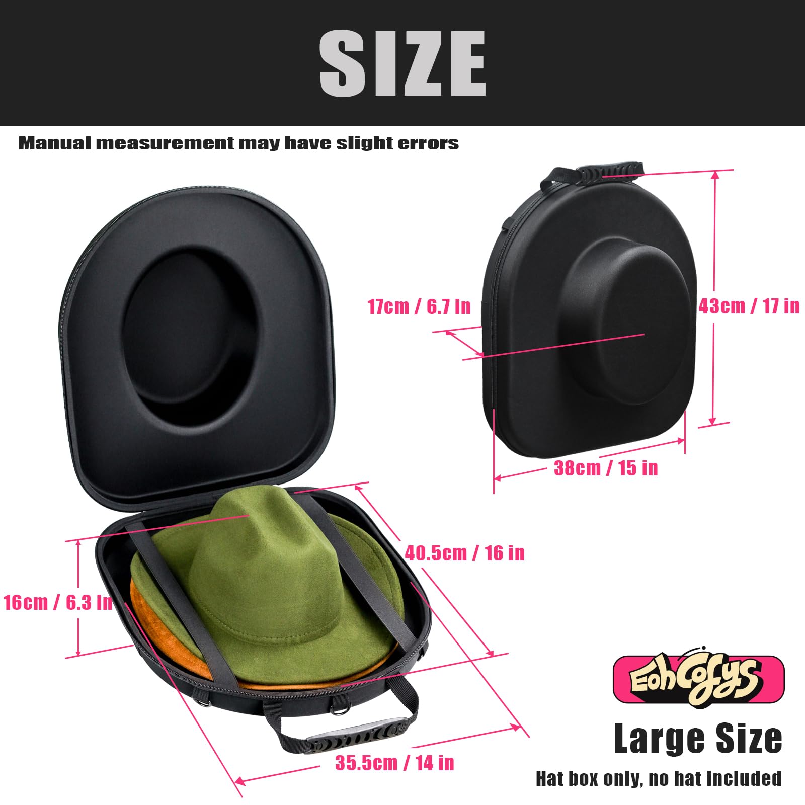 Crush Proof Cowboy Hat Travel Case - Durable Fedora & Panama Straw Hat Carrier (17x15) for Airplane, Road Trips & Outdoor Adventures